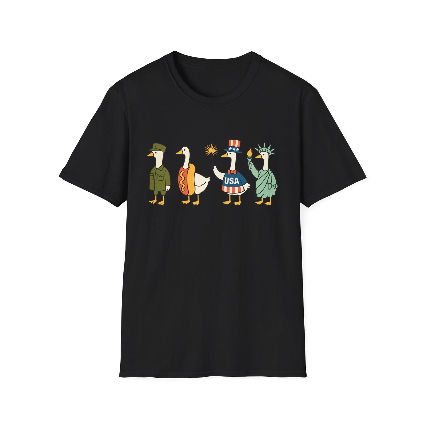 Americas 250th Patriotic Goose Parade T-Shirt — USA Hot Dog, Soldier & Statue of Liberty Graphic