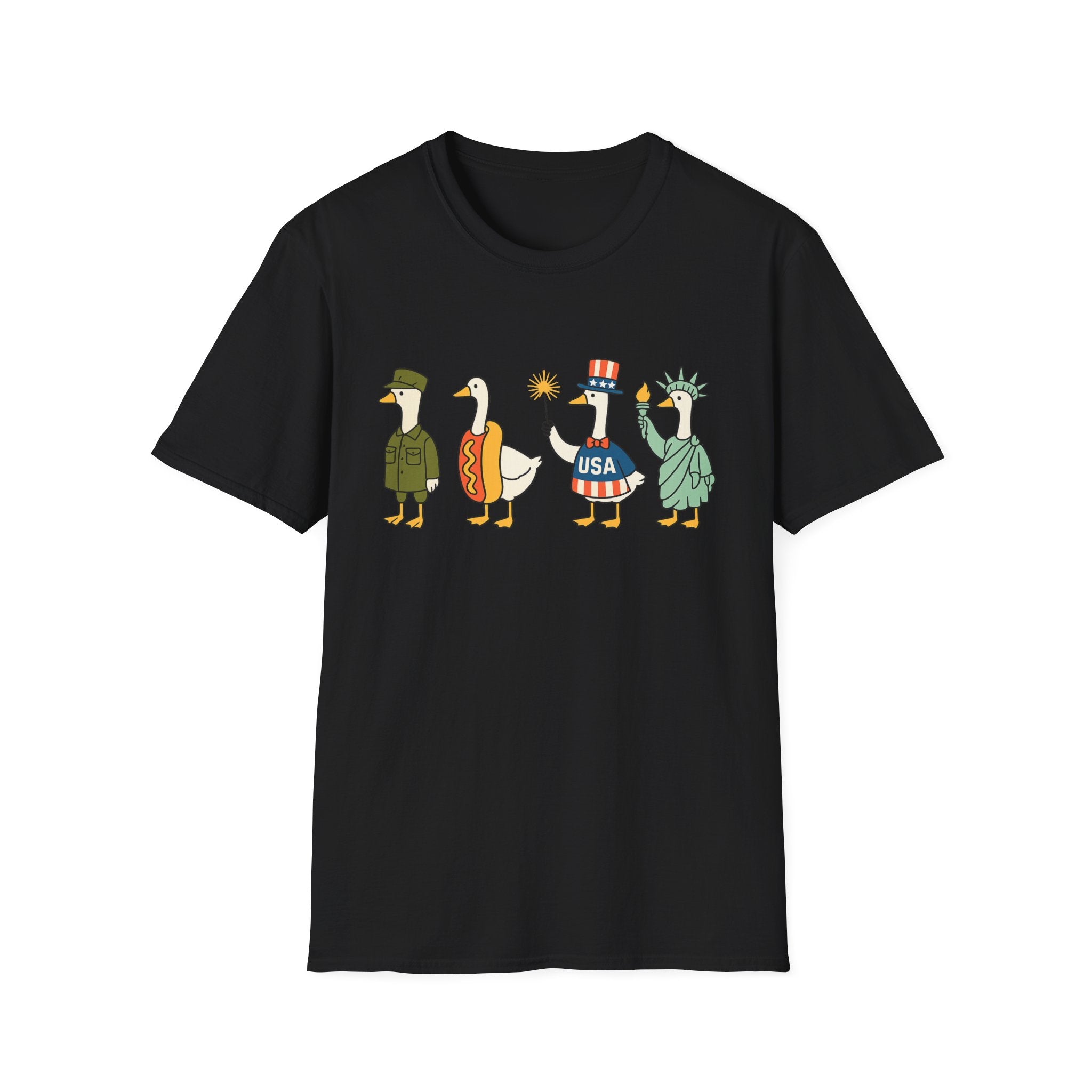 Americas 250th Patriotic Goose Parade T-Shirt — USA Hot Dog, Soldier & Statue of Liberty Graphic