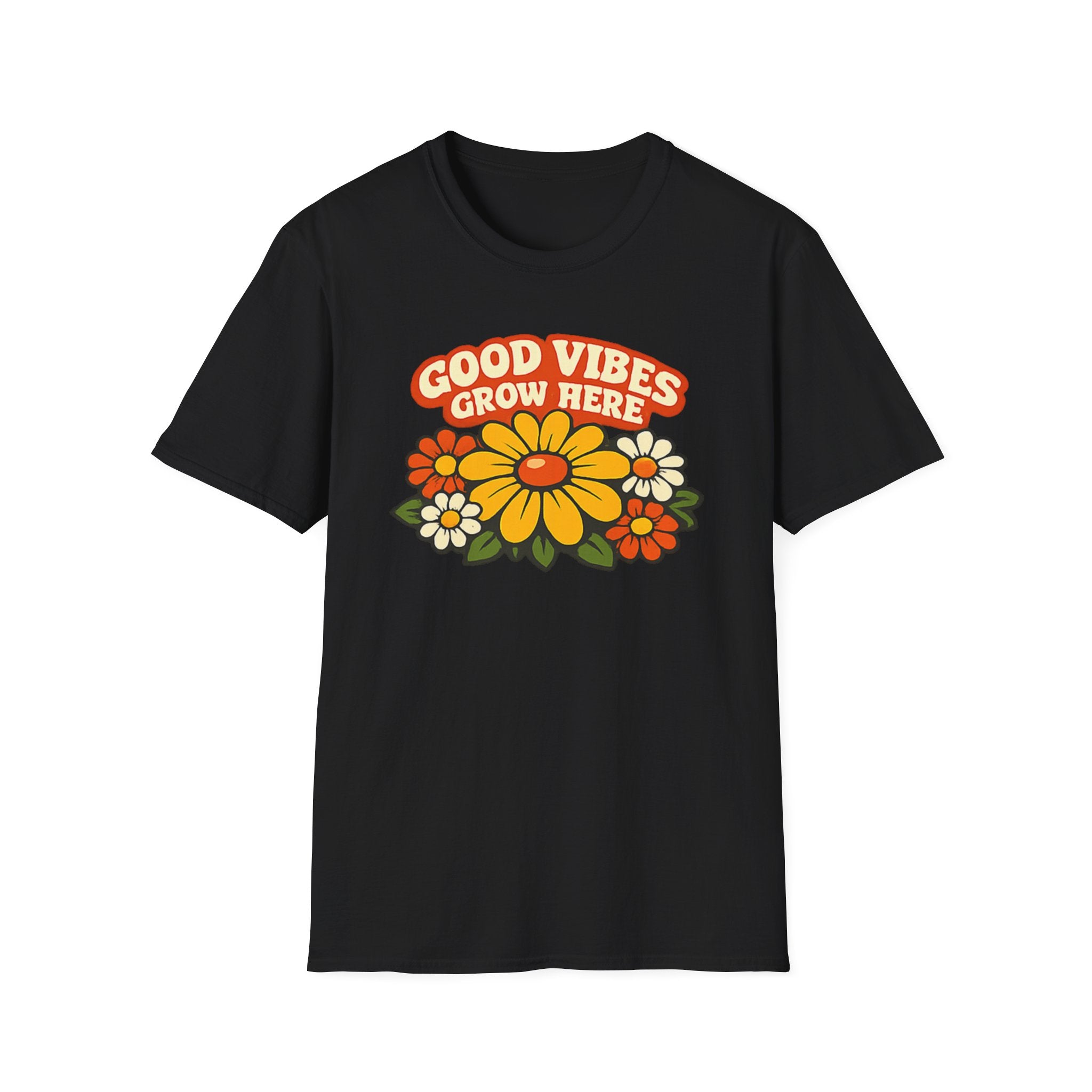 Good Vibes Grow Here Retro T-Shirt — 60s/70s Vintage Floral Tee