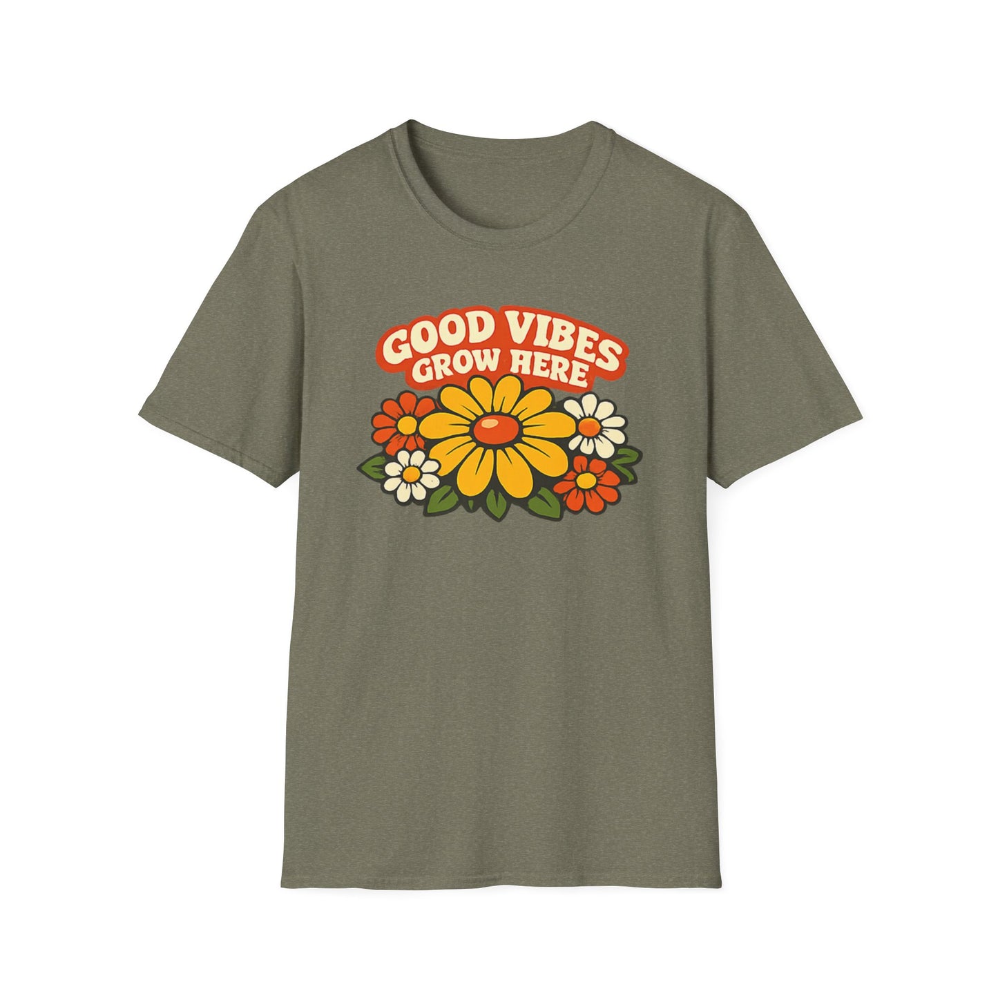 Good Vibes Grow Here Retro T-Shirt — 60s/70s Vintage Floral Tee