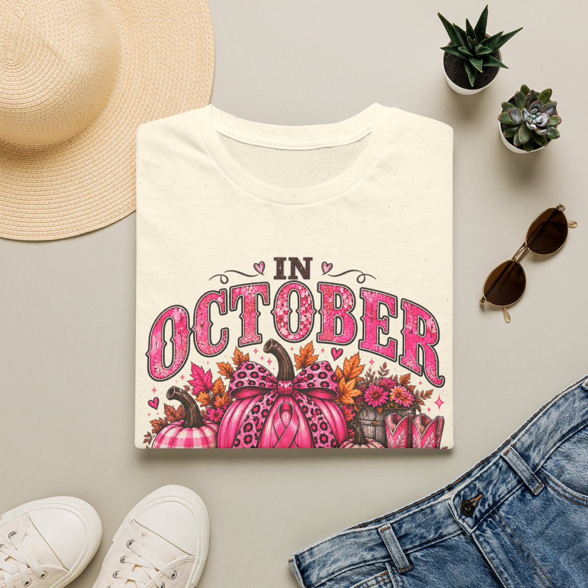 In October We Wear Pink Breast Cancer Awareness Fall T-Shirt 🎀🎃