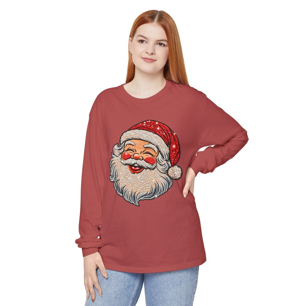 Sparkling Rhinestone Santa Christmas Long Sleeve Tee