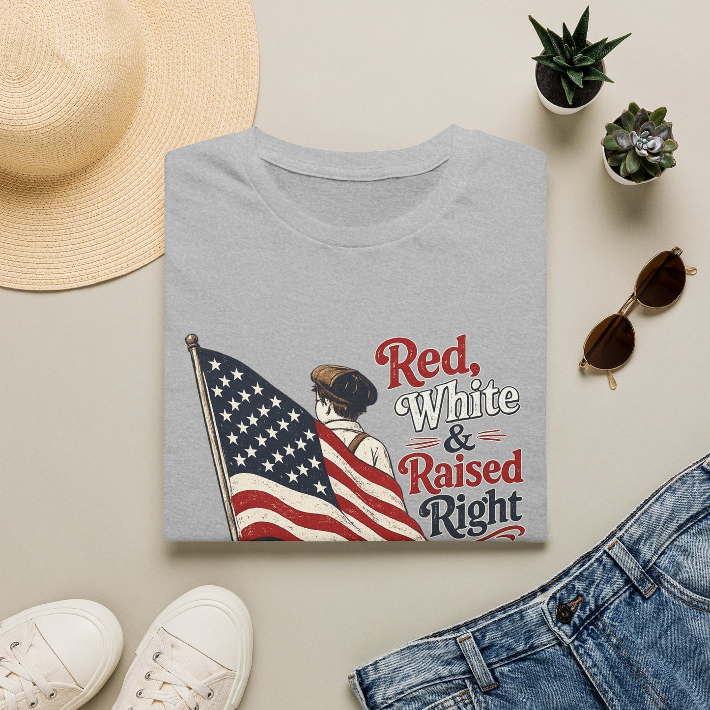 T-Shirt — "Red, White & Raised Right" Patriotic Flag Kids Retro Tee