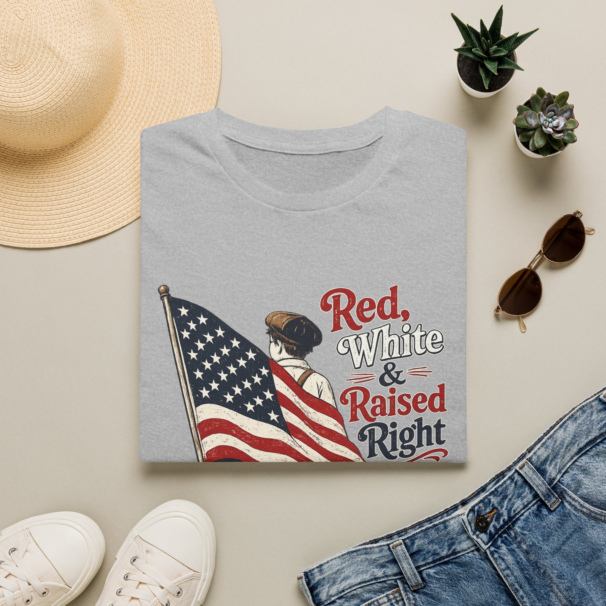 T-Shirt — "Red, White & Raised Right" Patriotic Flag Retro Tee