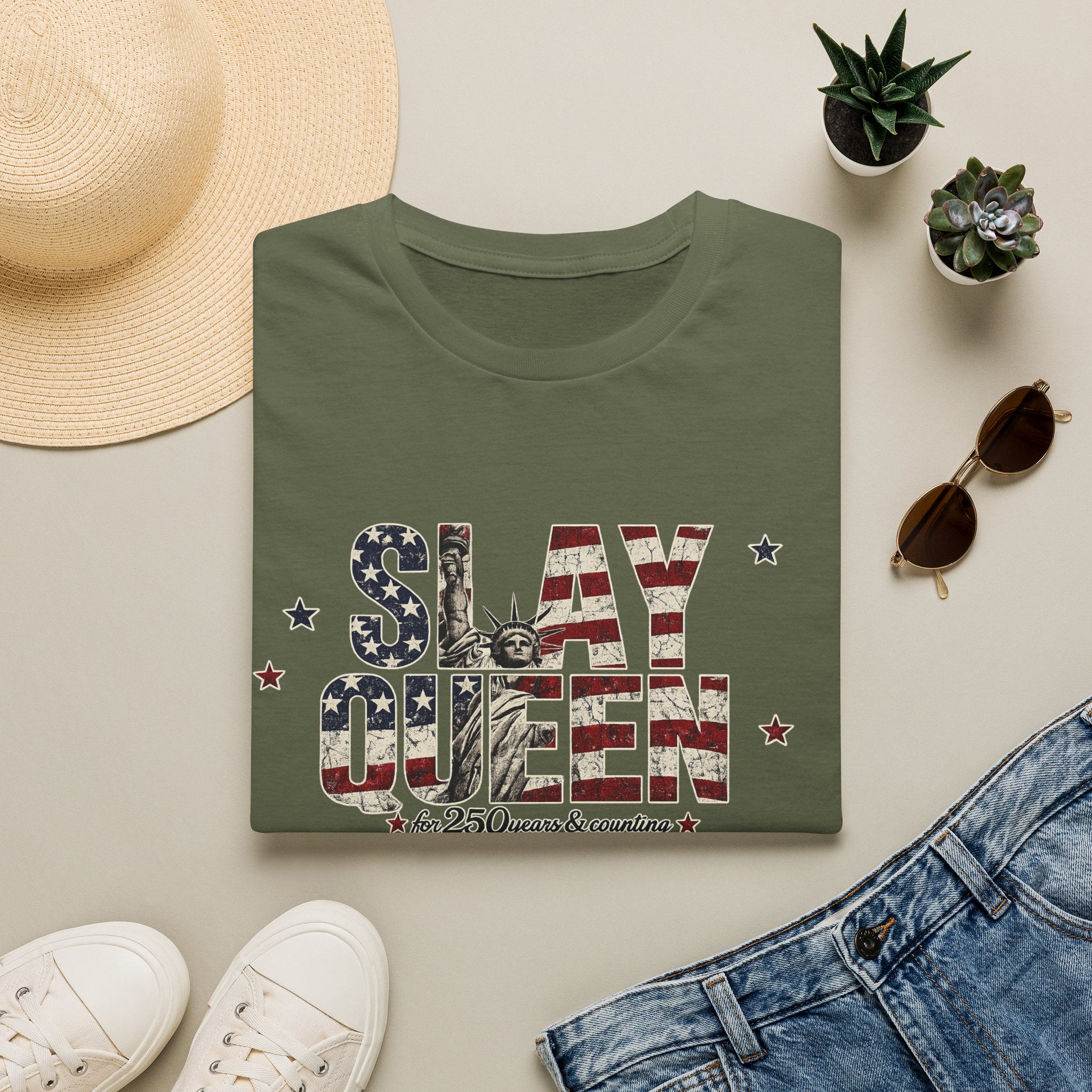 Slay Queen T‑Shirt — American Flag Statue of Liberty Patriotic Graphic Tee