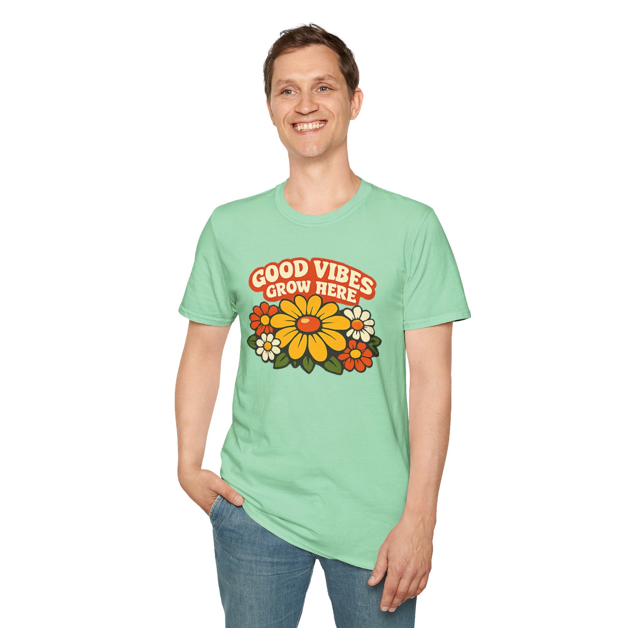 Good Vibes Grow Here Retro T-Shirt — 60s/70s Vintage Floral Tee