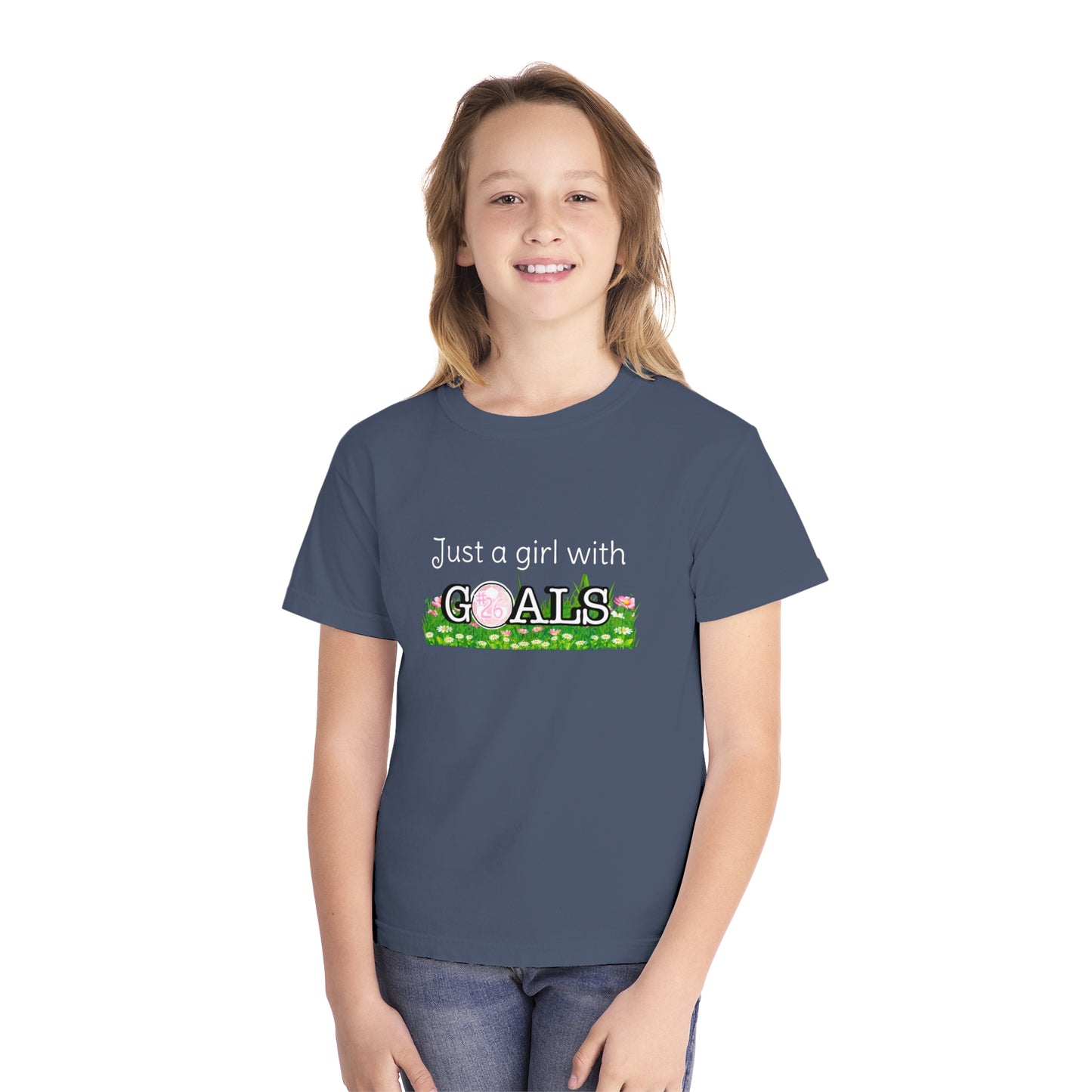 Just a Girl with Goals Youth T-Shirt - Soccer-Themed Tee for Young Athletes
