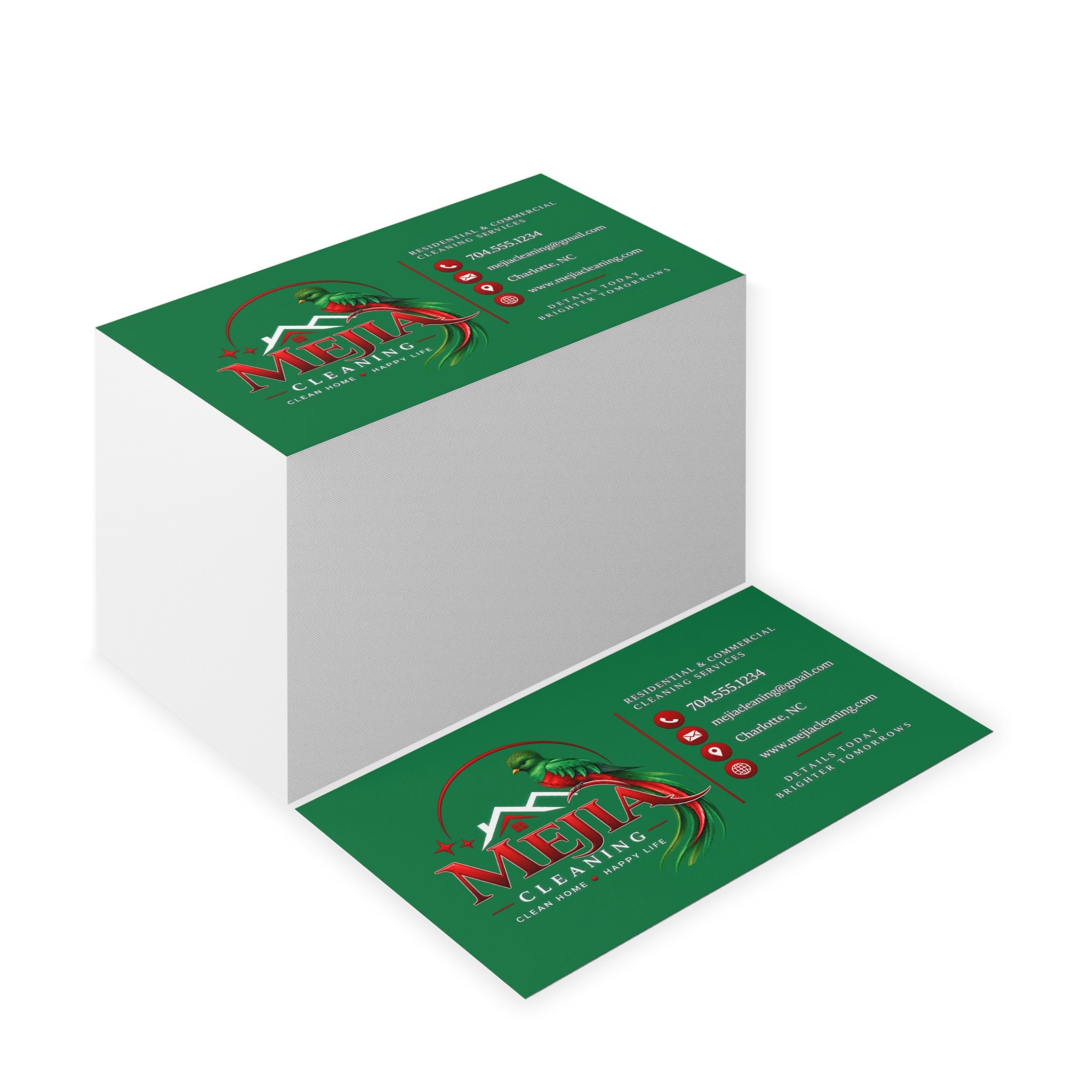 Green Business Cards — Mejia Cleaning Branded Parrot Logo Card
