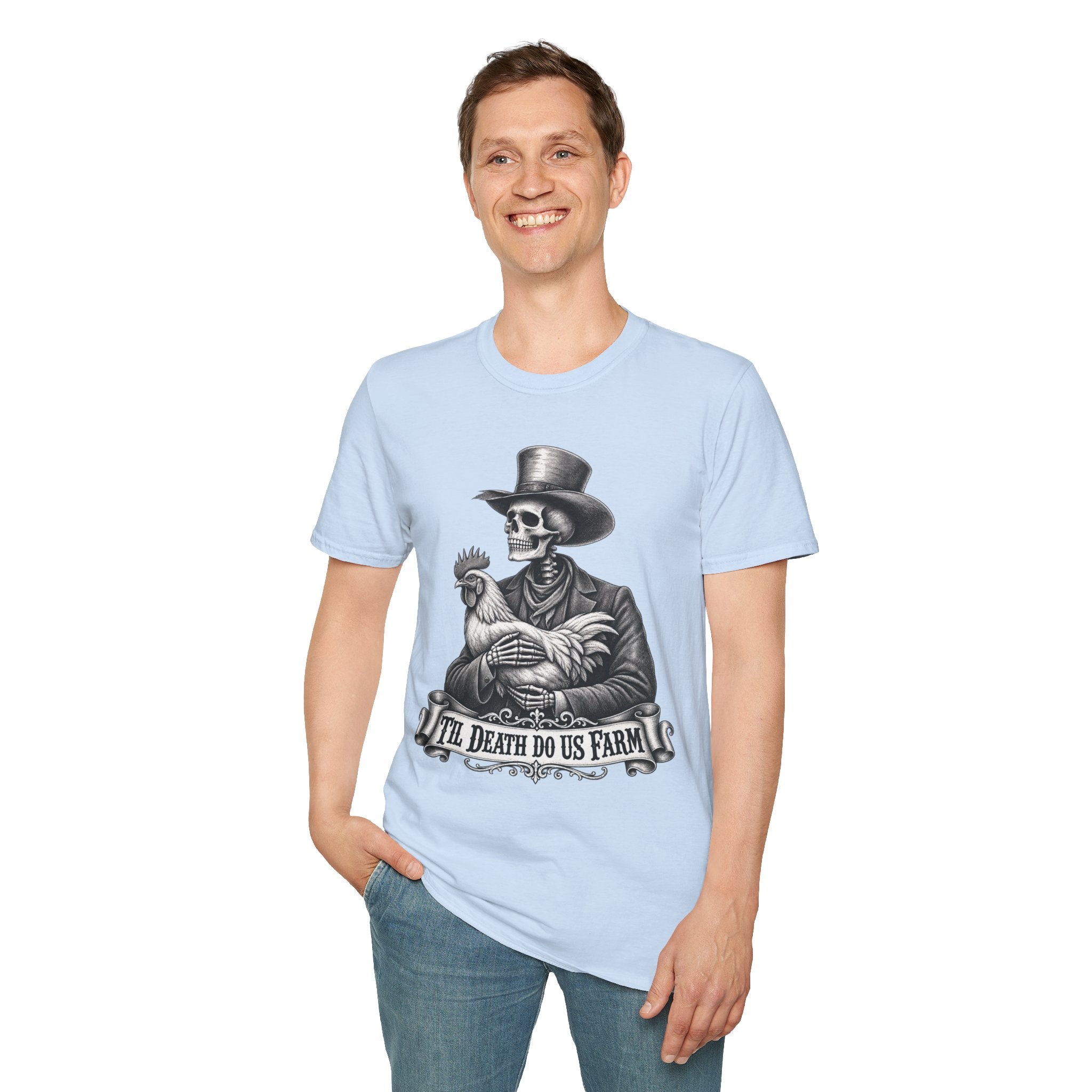 Til Death Do Us Farm – Skeleton & Chicken Funny Farm Tee 💀🐓