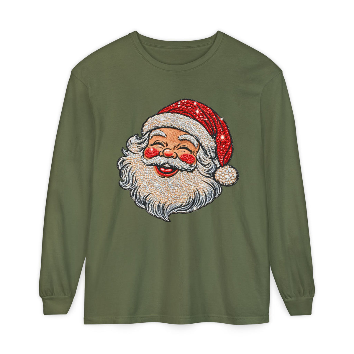Sparkling Rhinestone Santa Christmas Long Sleeve Tee