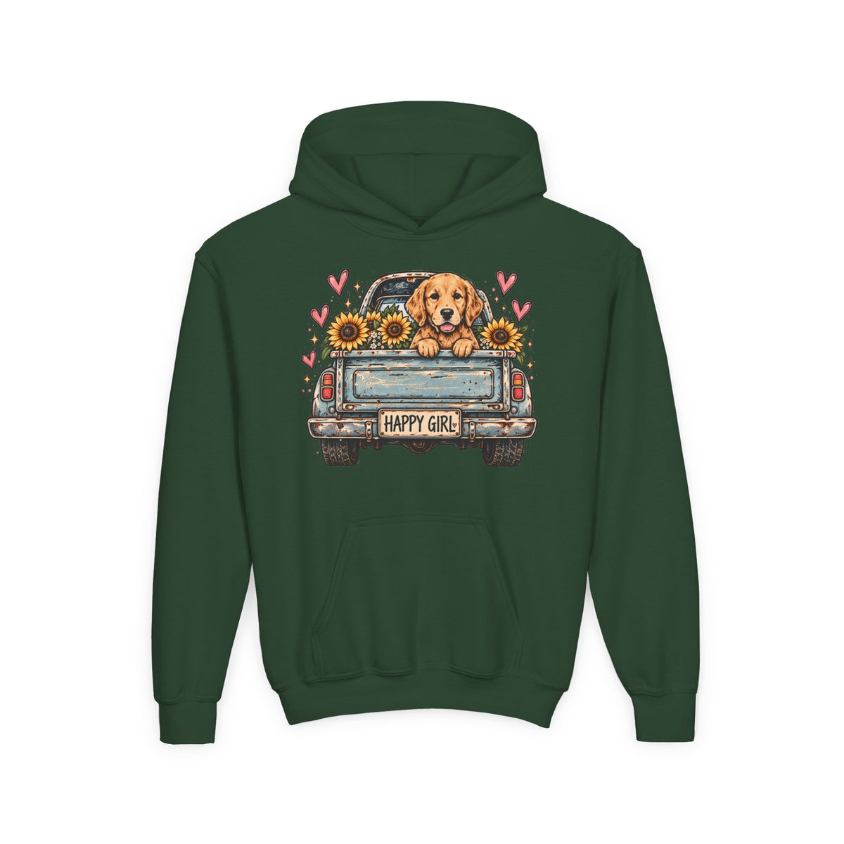 Happy Girl Golden Retriever & Pickup Kids Hoodie