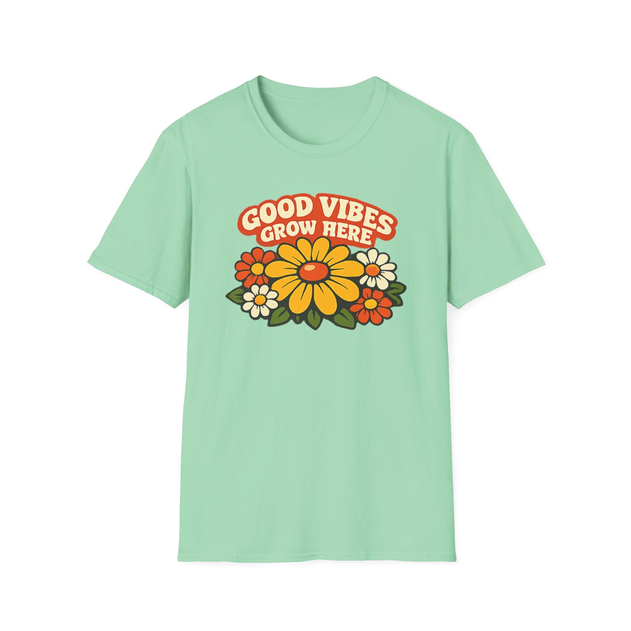 Good Vibes Grow Here Retro T-Shirt — 60s/70s Vintage Floral Tee