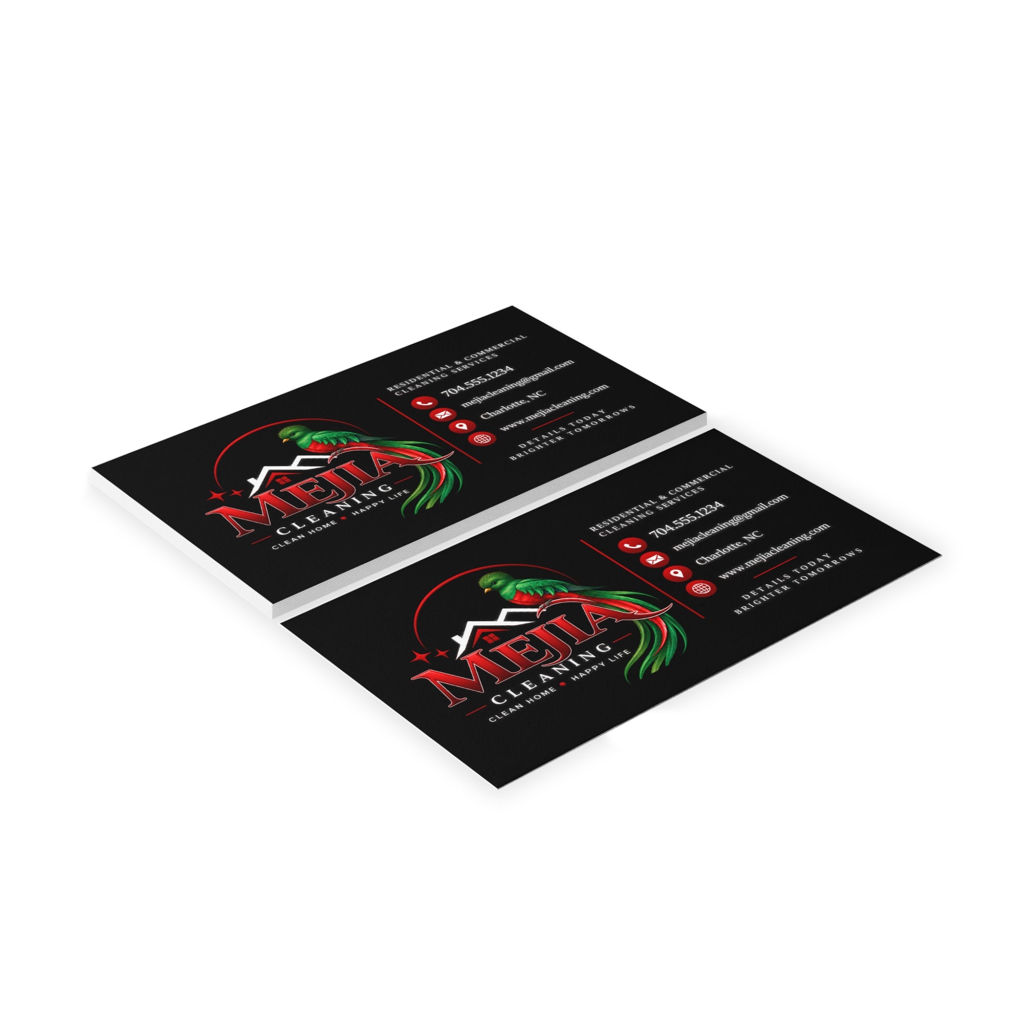 Black Business Cards — Mejia Cleaning Branded Parrot Logo Card
