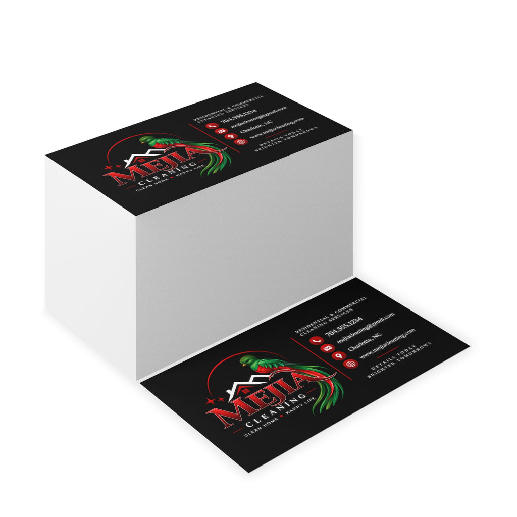Black Business Cards — Mejia Cleaning Branded Parrot Logo Card