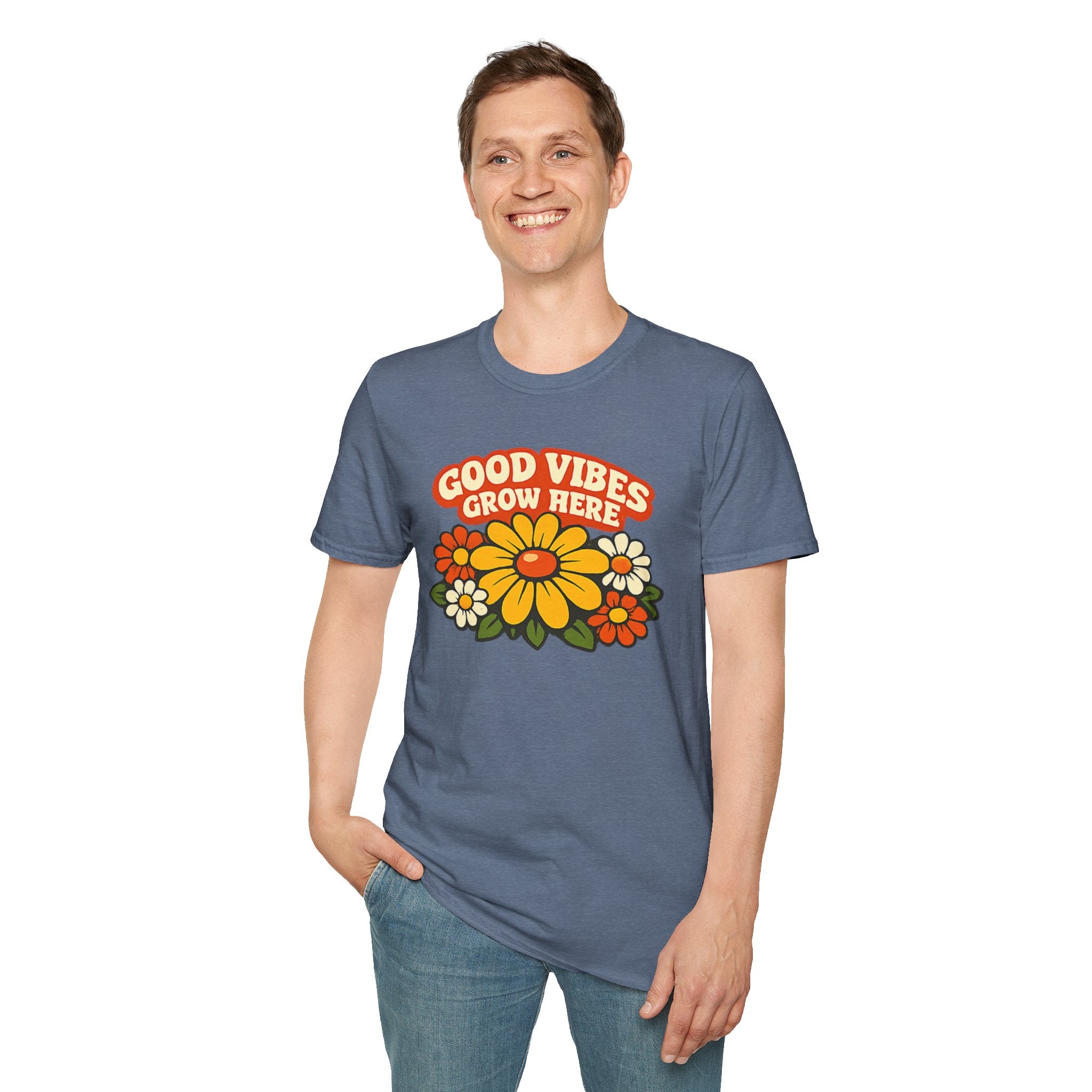 Good Vibes Grow Here Retro T-Shirt — 60s/70s Vintage Floral Tee