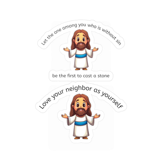 Jesus Cartoon Sticker Set — “Let the one among you who is without sin be the first to cast a stone” & “Love your neighbor as yourself” [...]
