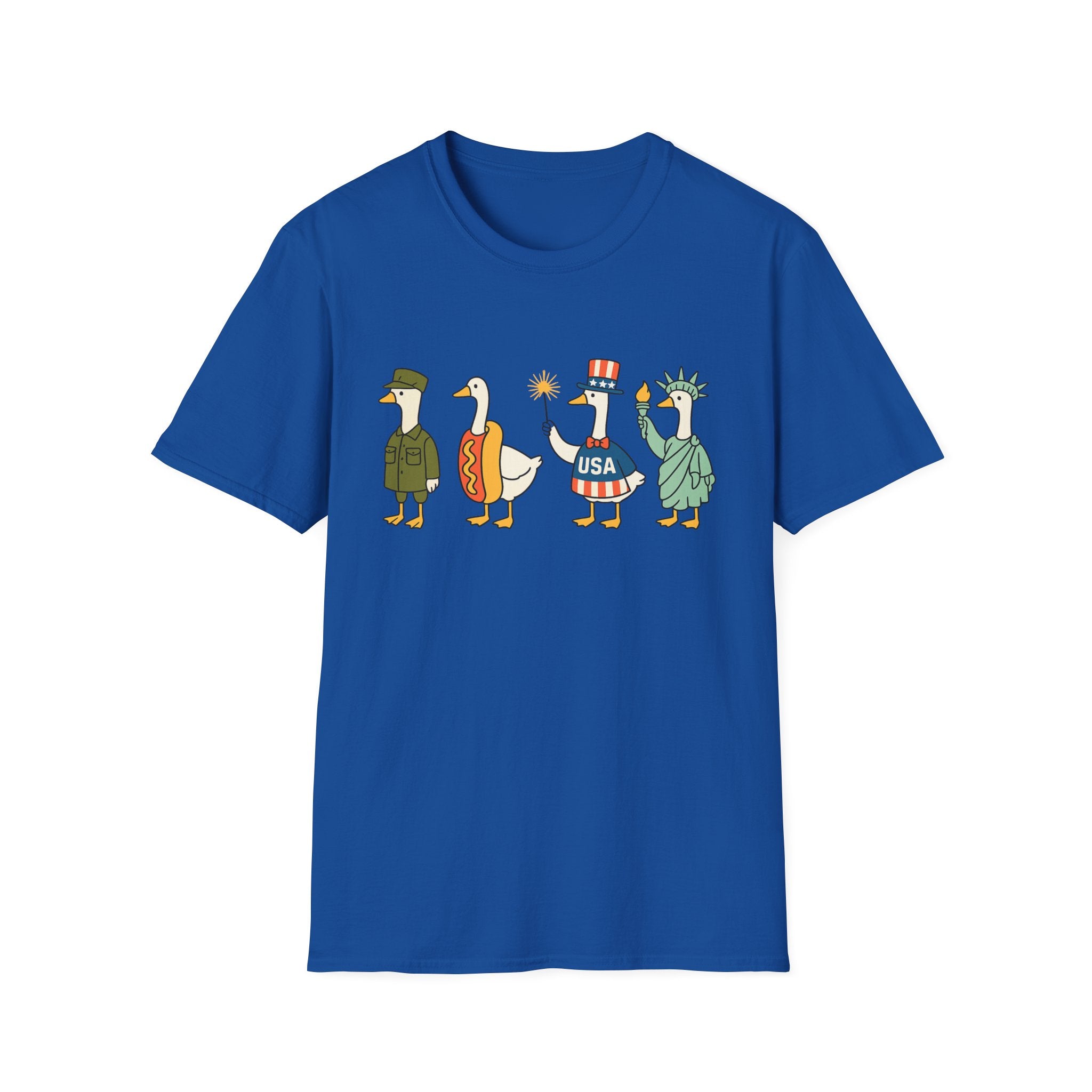 Americas 250th Patriotic Goose Parade T-Shirt — USA Hot Dog, Soldier & Statue of Liberty Graphic