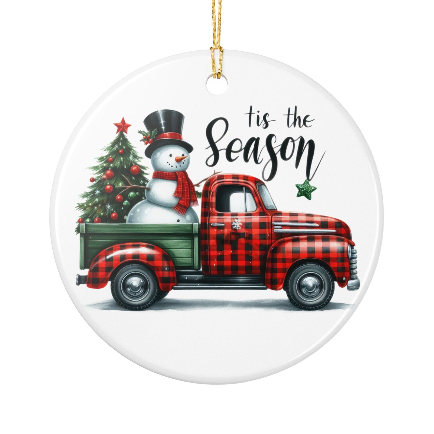Ceramic Ornament - Plaid Truck Christmas Tree with Snowman, "’Tis the Season" Holiday Decoration