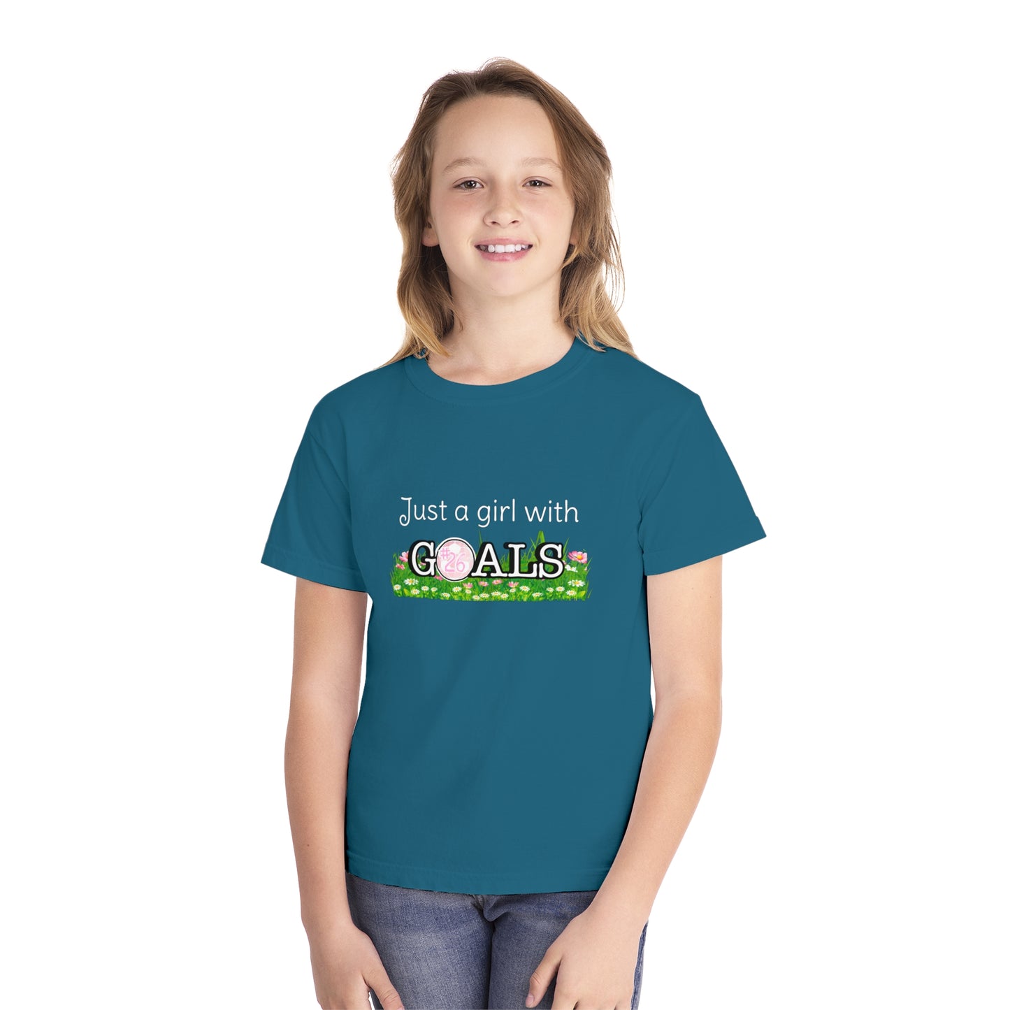 Just a Girl with Goals Youth T-Shirt - Soccer-Themed Tee for Young Athletes