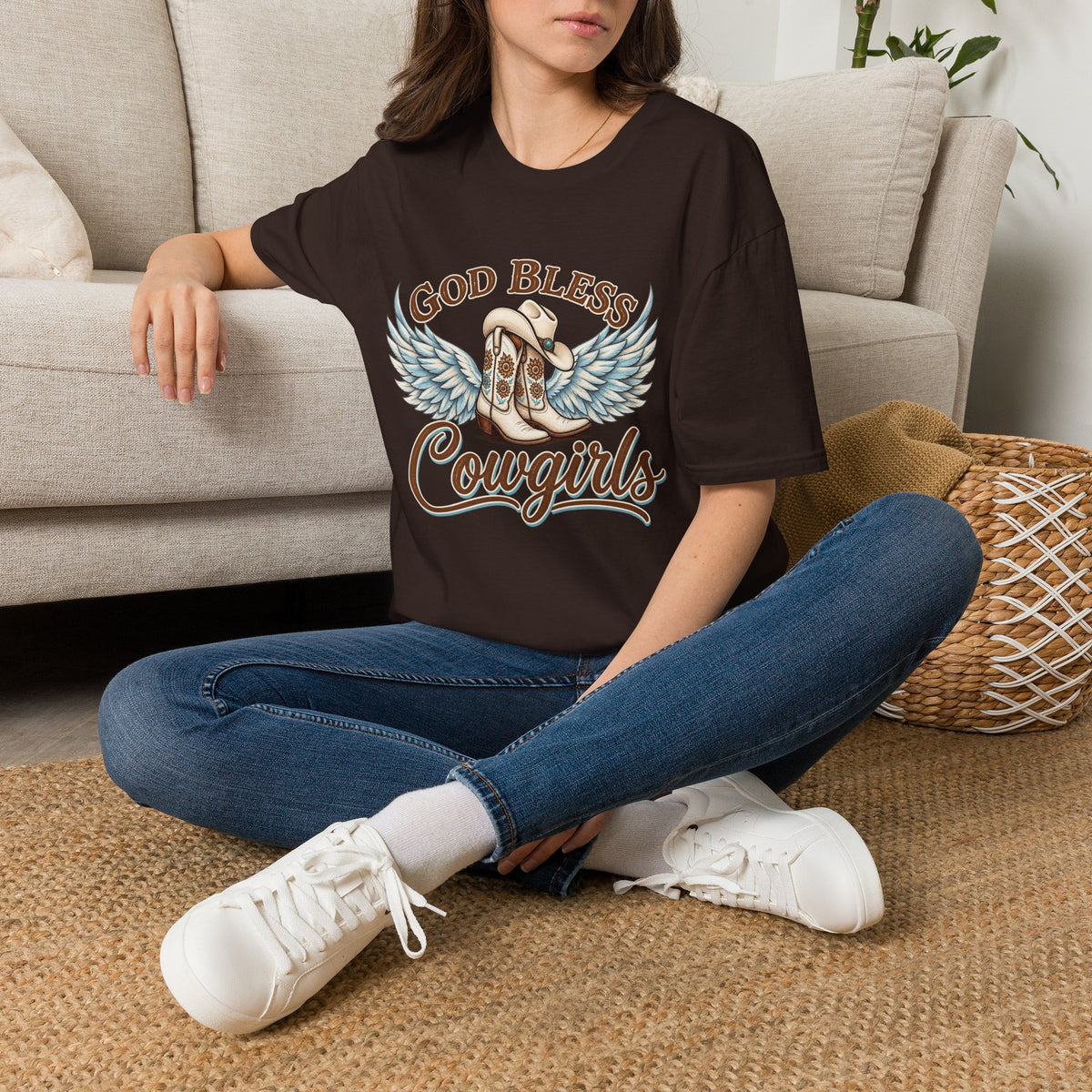God Bless Cowgirls – Western Angel Wings Graphic Tee