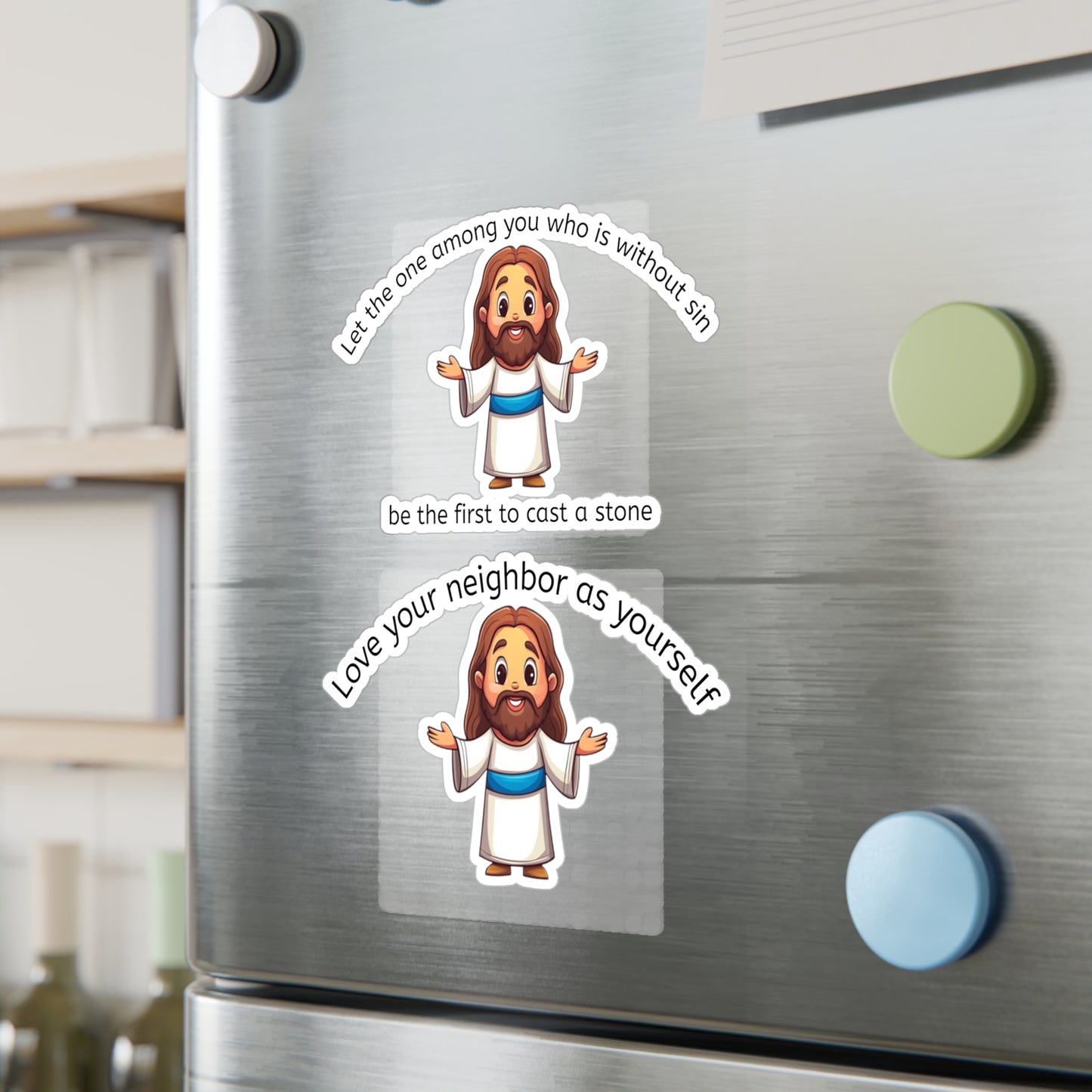 Jesus Cartoon Sticker Set — “Let the one among you who is without sin be the first to cast a stone” & “Love your neighbor as yourself” [...]