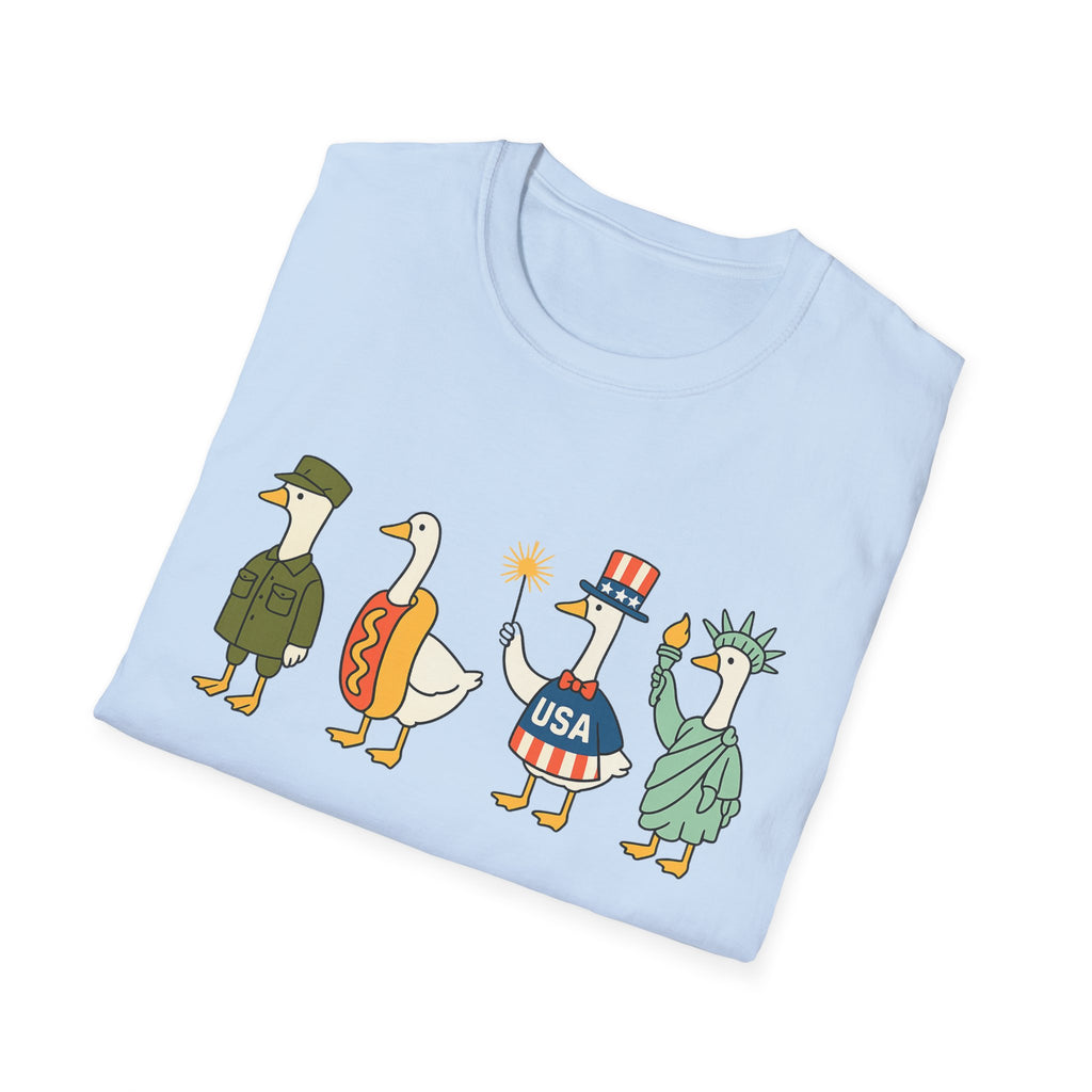 Americas 250th Patriotic Goose Parade T-Shirt — USA Hot Dog, Soldier & Statue of Liberty Graphic