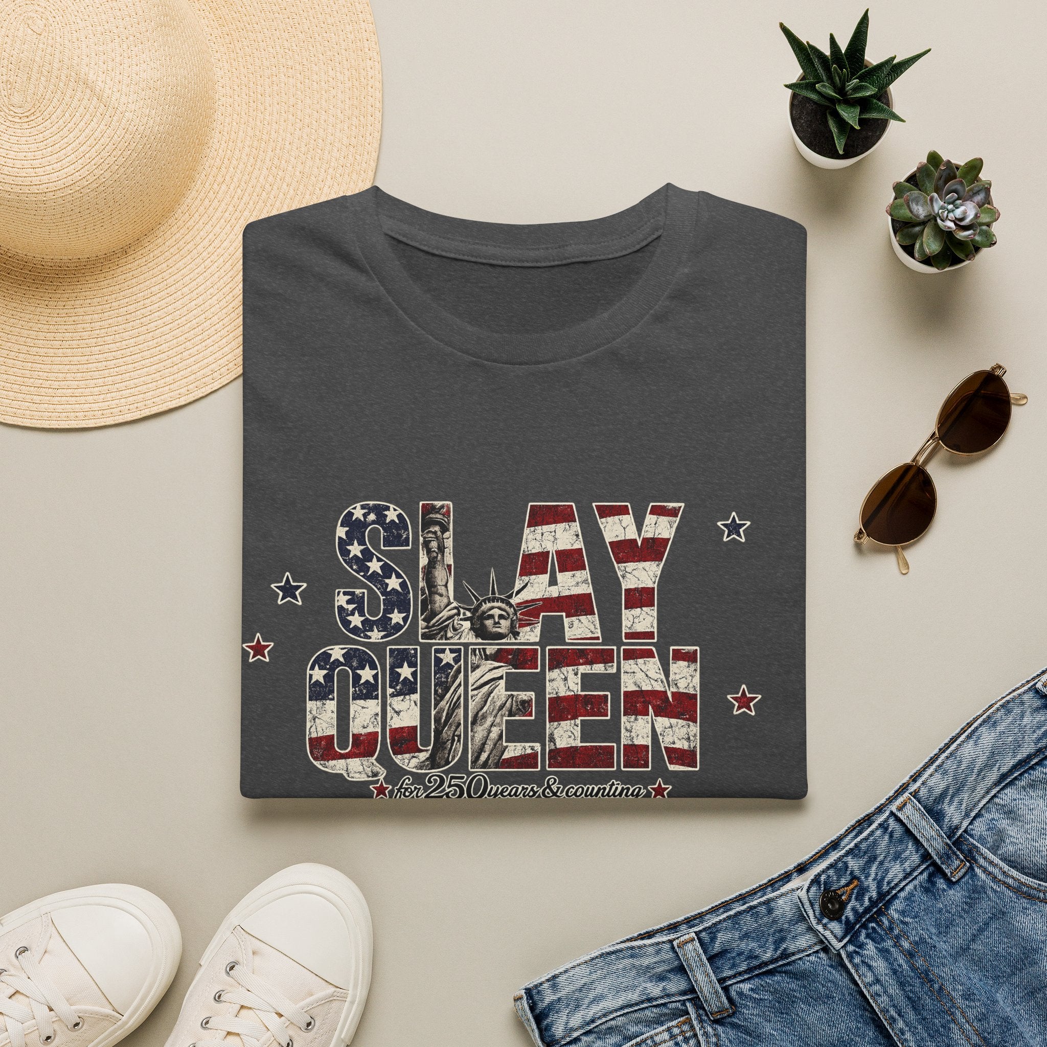 Slay Queen T‑Shirt — American Flag Statue of Liberty Patriotic Graphic Tee