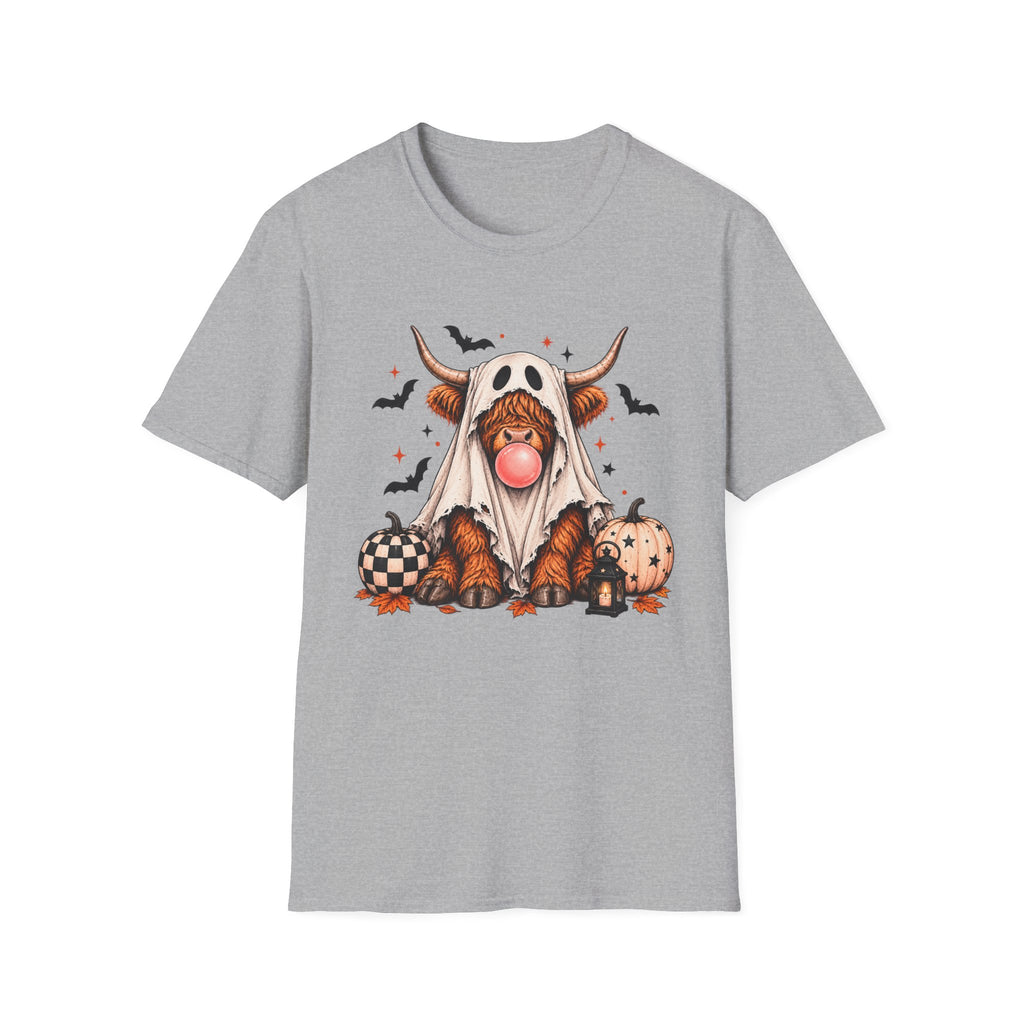 Spooky Highland Cow Ghost Halloween Tee – Bubblegum & Pumpkins