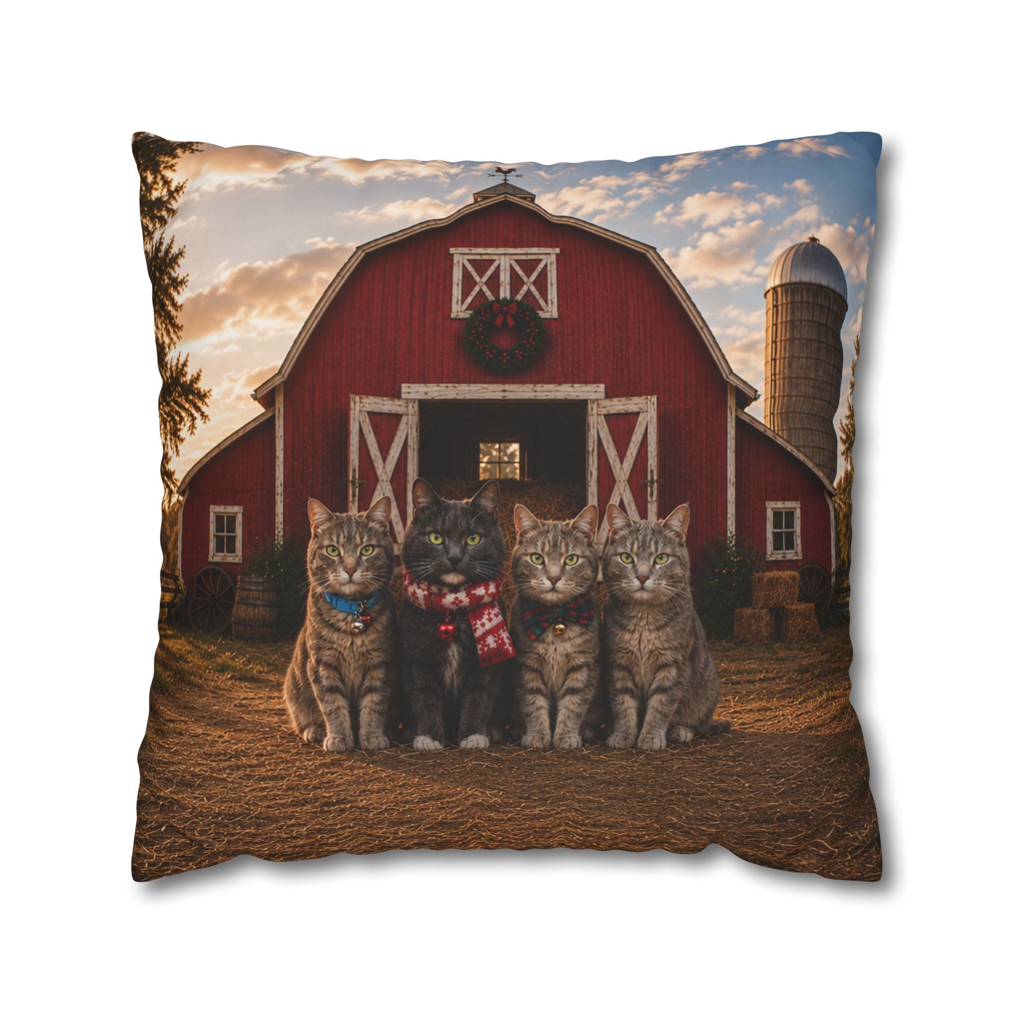 Farmhouse Christmas Cats Square Pillowcase — Red Barn Holiday Throw Pillow Cover
