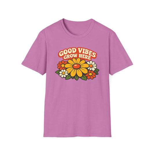 Good Vibes Grow Here Retro T-Shirt — 60s/70s Vintage Floral Tee