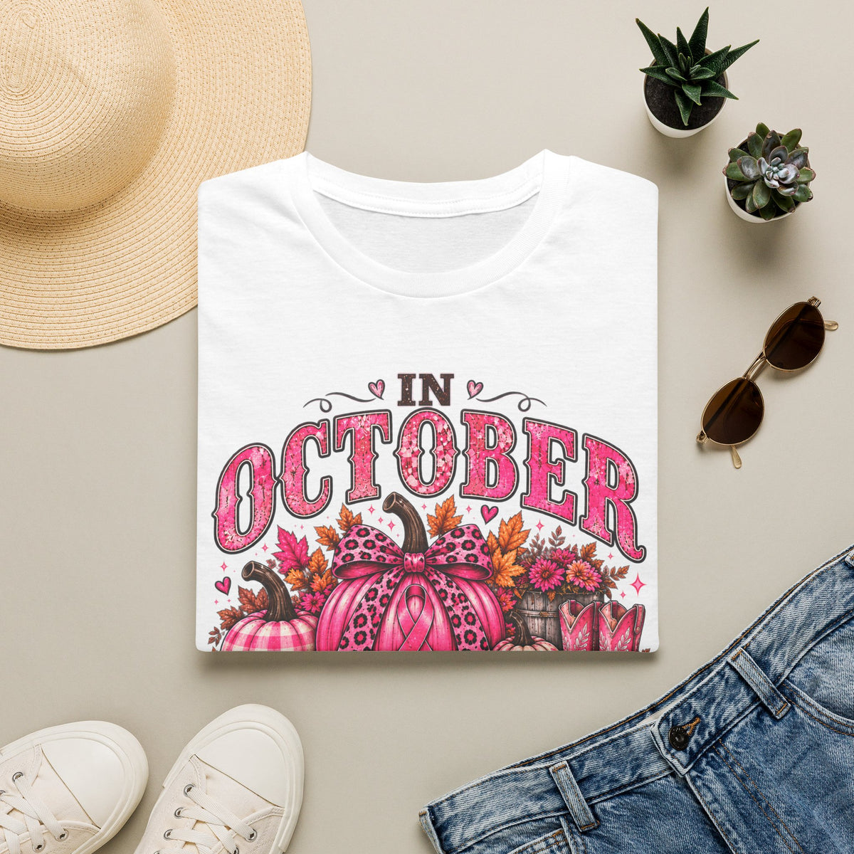 In October We Wear Pink Breast Cancer Awareness Fall T-Shirt 🎀🎃