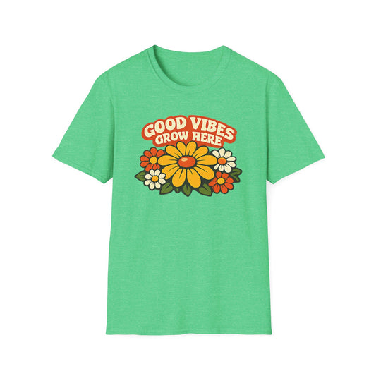 Good Vibes Grow Here Retro T-Shirt — 60s/70s Vintage Floral Tee