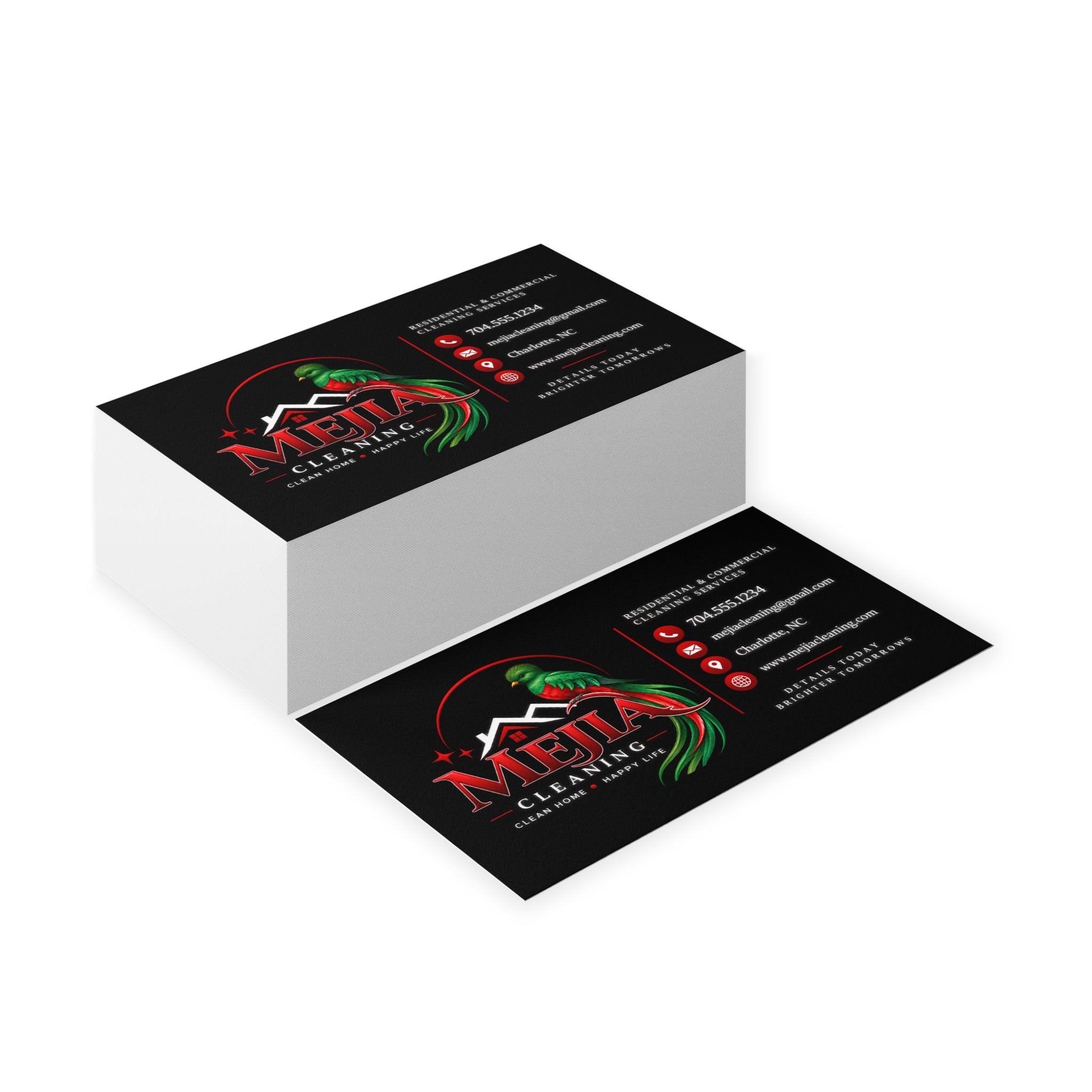 Black Business Cards — Mejia Cleaning Branded Parrot Logo Card