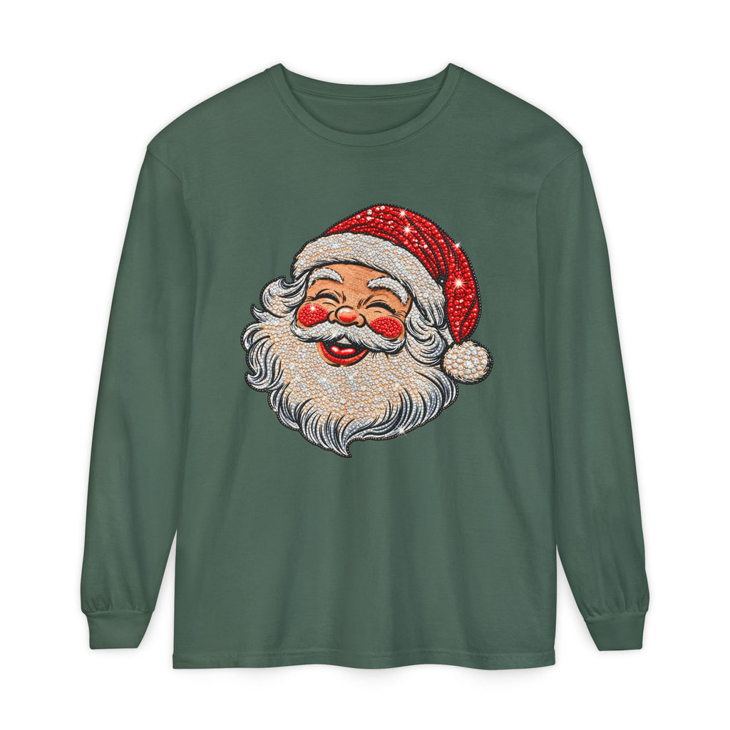 Sparkling Rhinestone Santa Christmas Long Sleeve Tee