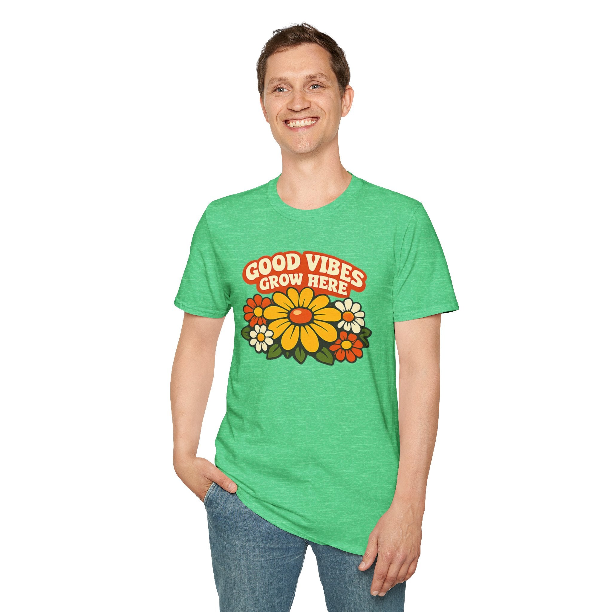 Good Vibes Grow Here Retro T-Shirt — 60s/70s Vintage Floral Tee