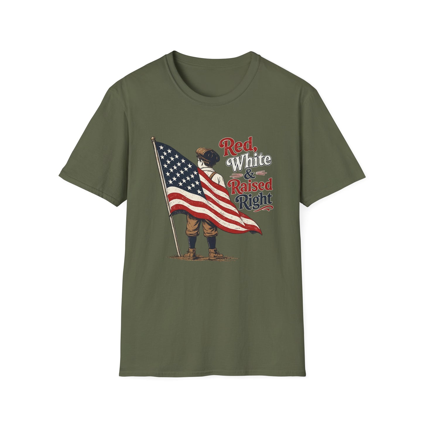 T-Shirt — "Red, White & Raised Right" Patriotic Flag Kids Retro Tee