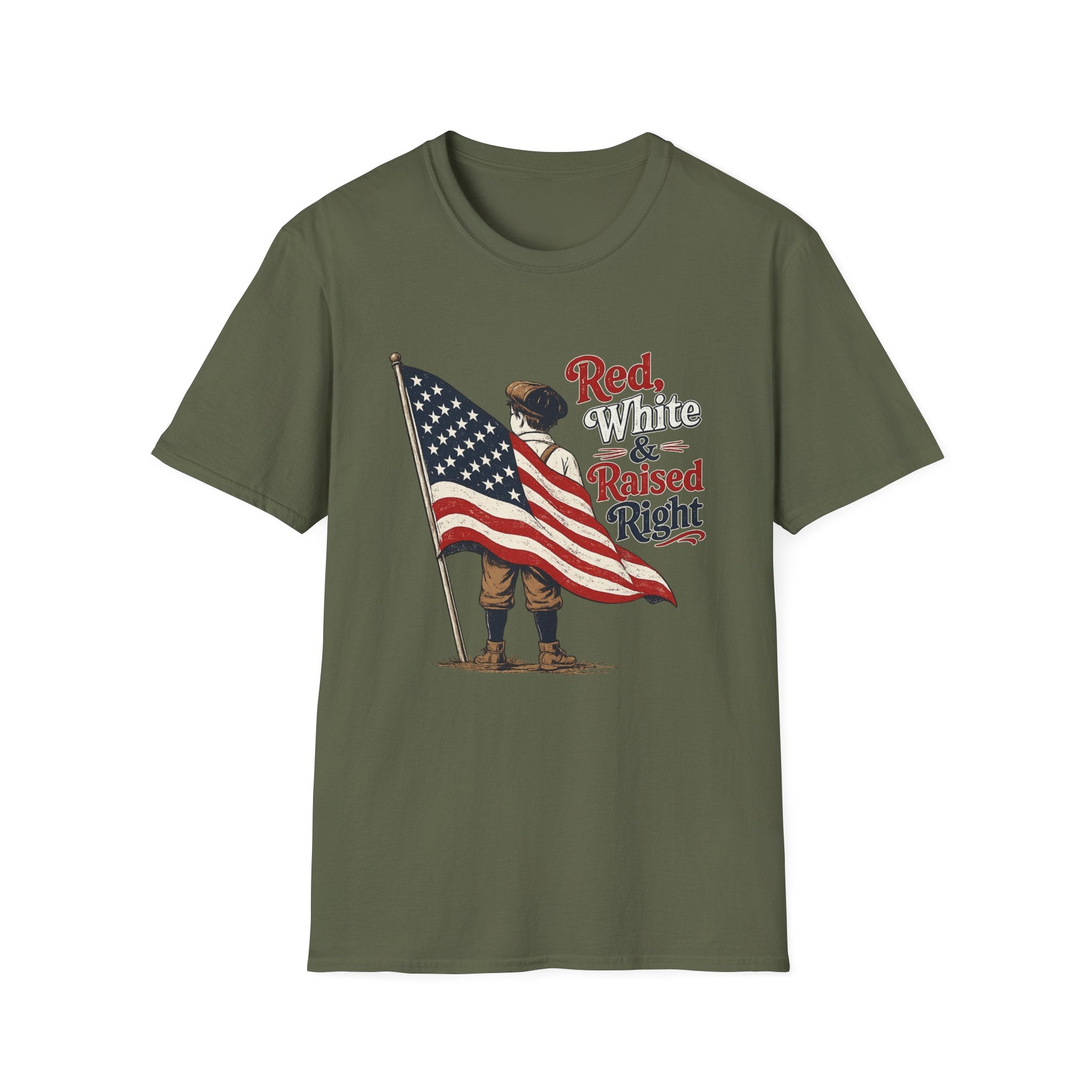 T-Shirt — "Red, White & Raised Right" Patriotic Flag Retro Tee