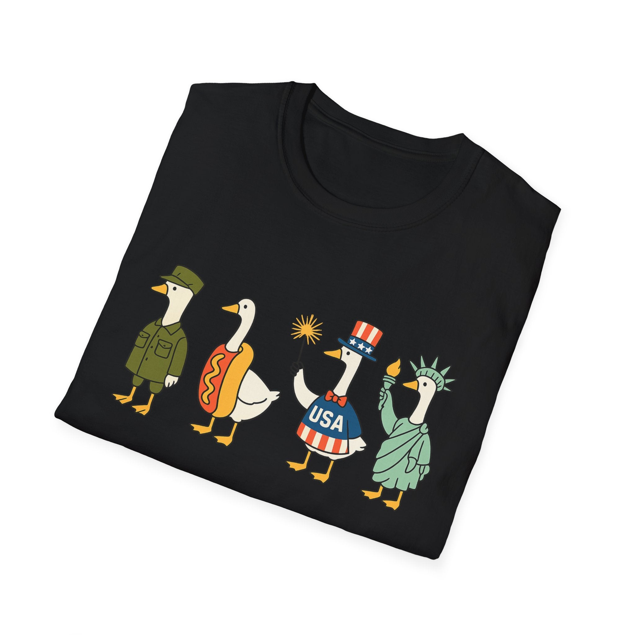 Americas 250th Patriotic Goose Parade T-Shirt — USA Hot Dog, Soldier & Statue of Liberty Graphic
