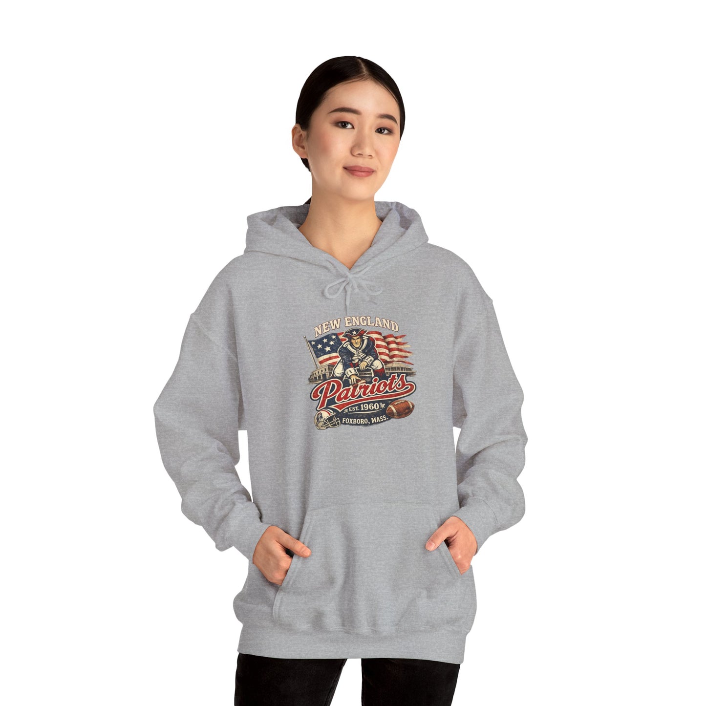New England Patriots Vintage Football Hoodie – American Flag, Helmet & “Patriots” Graphic