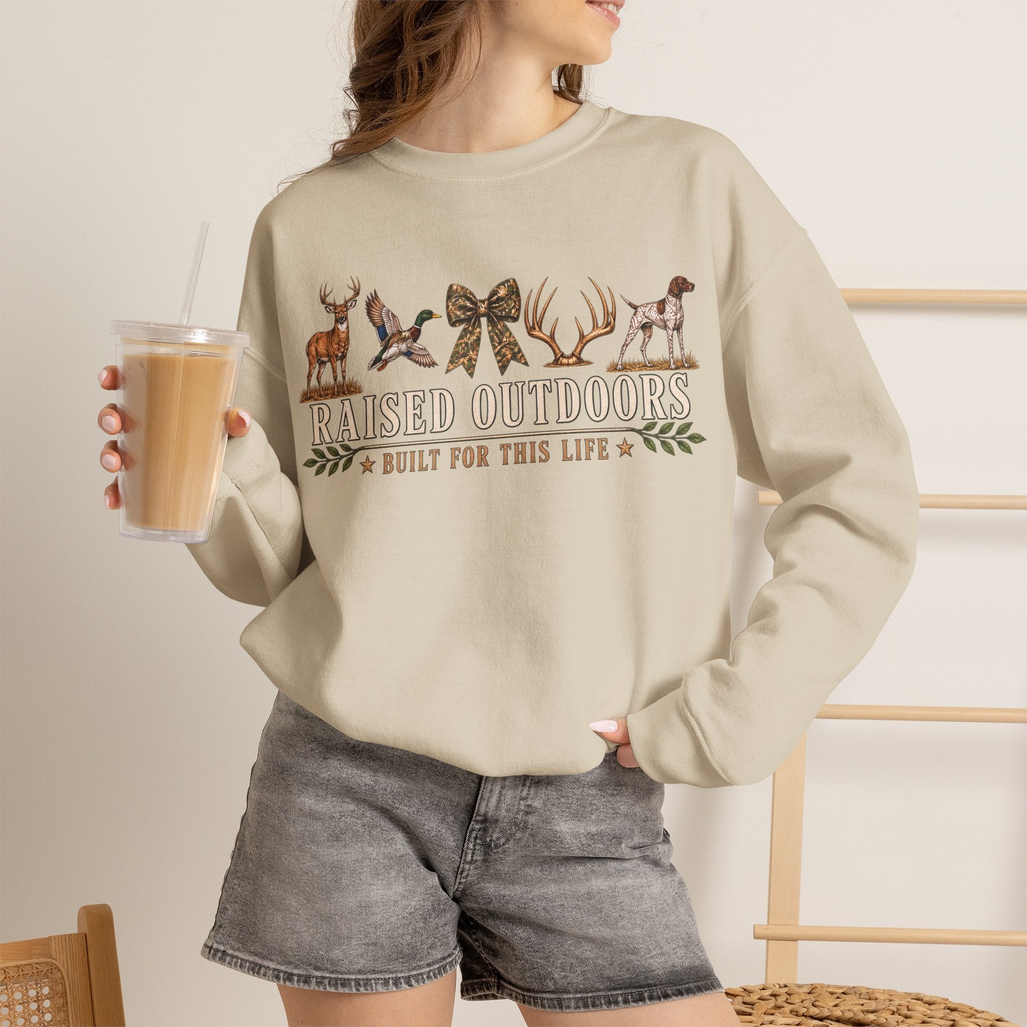 Raised Outdoors Crewneck Sweatshirt — Hunting & Nature Lovers Graphic