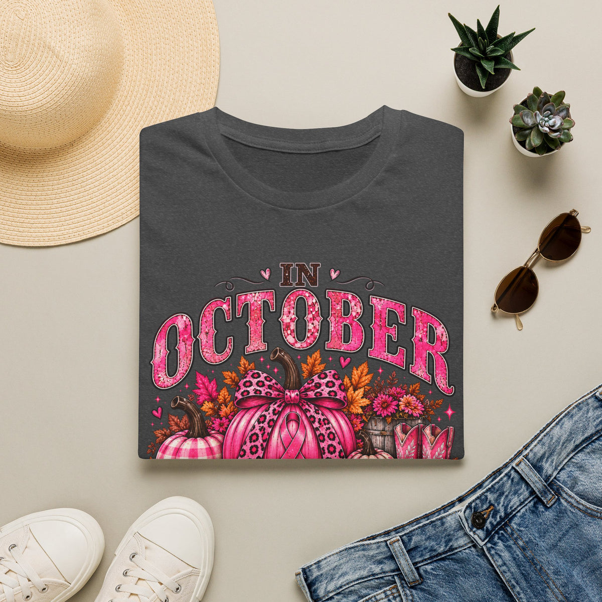 In October We Wear Pink Breast Cancer Awareness Fall T-Shirt 🎀🎃