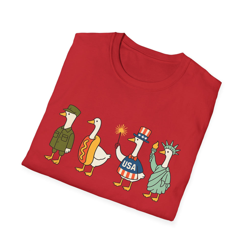 Americas 250th Patriotic Goose Parade T-Shirt — USA Hot Dog, Soldier & Statue of Liberty Graphic