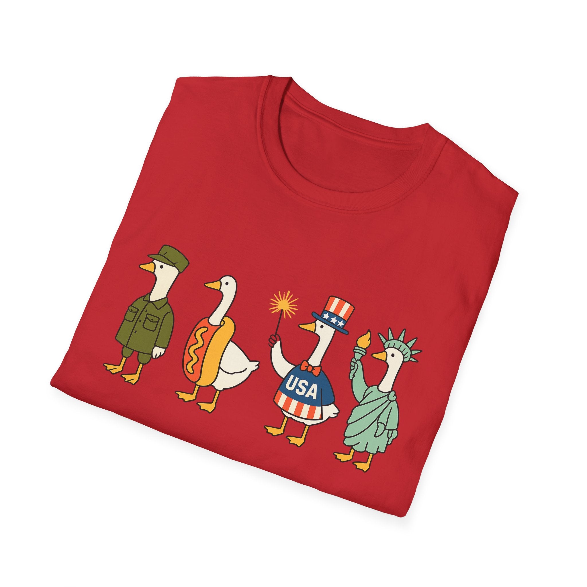 Americas 250th Patriotic Goose Parade T-Shirt — USA Hot Dog, Soldier & Statue of Liberty Graphic