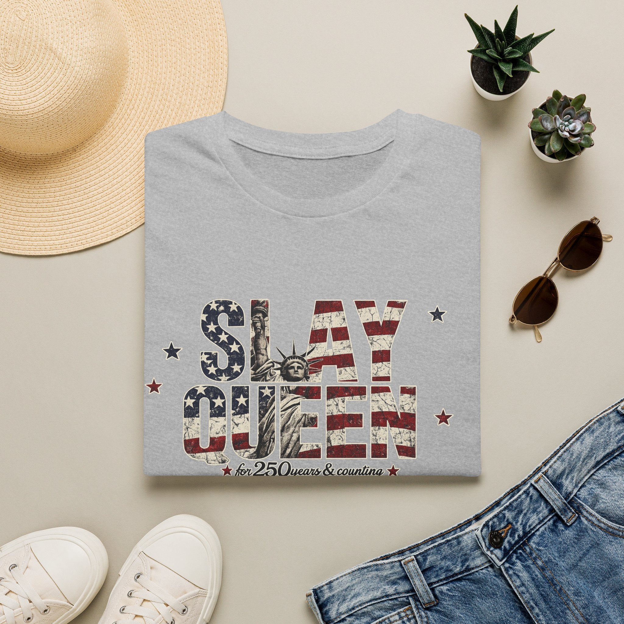 Slay Queen T‑Shirt — American Flag Statue of Liberty Patriotic Graphic Tee