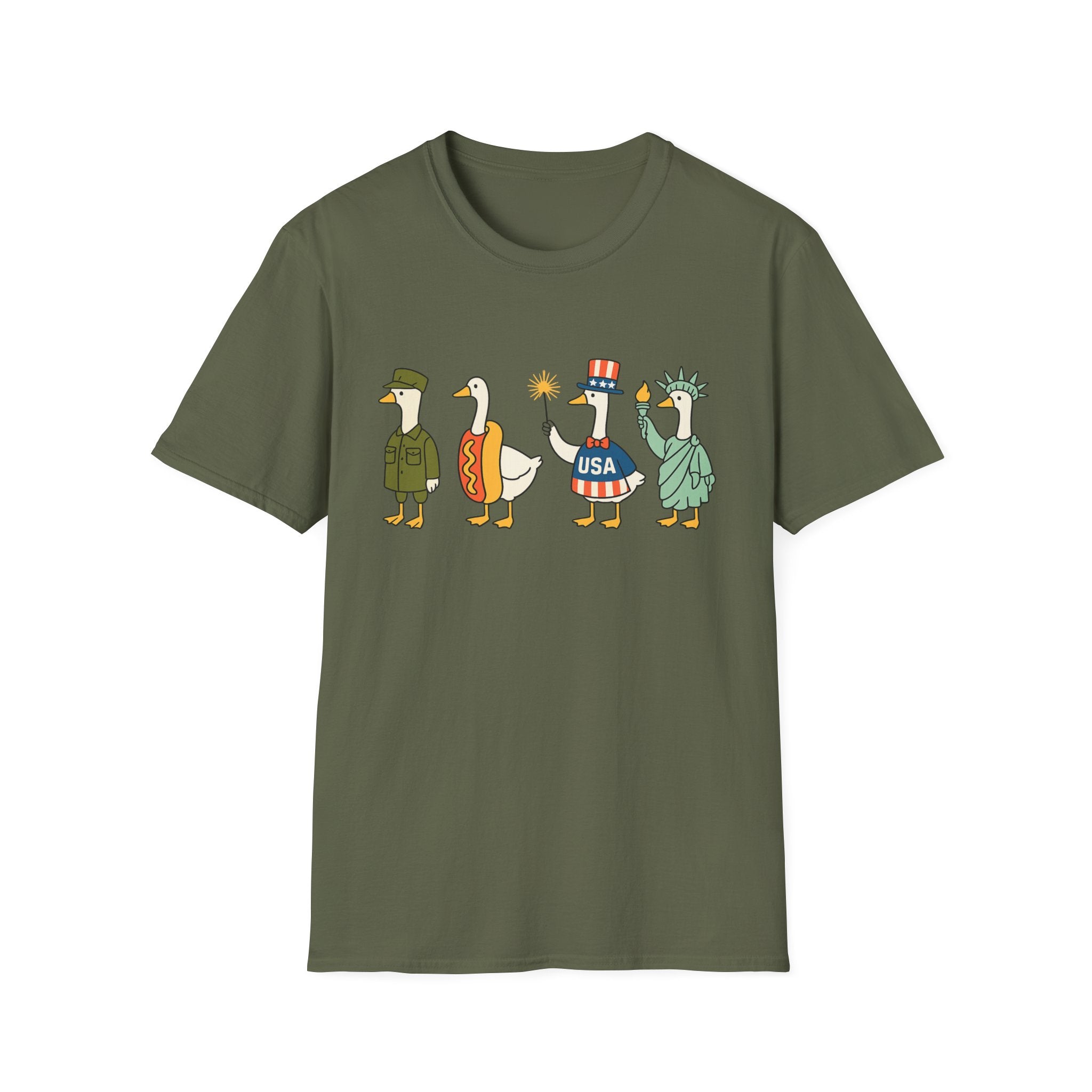 Americas 250th Patriotic Goose Parade T-Shirt — USA Hot Dog, Soldier & Statue of Liberty Graphic