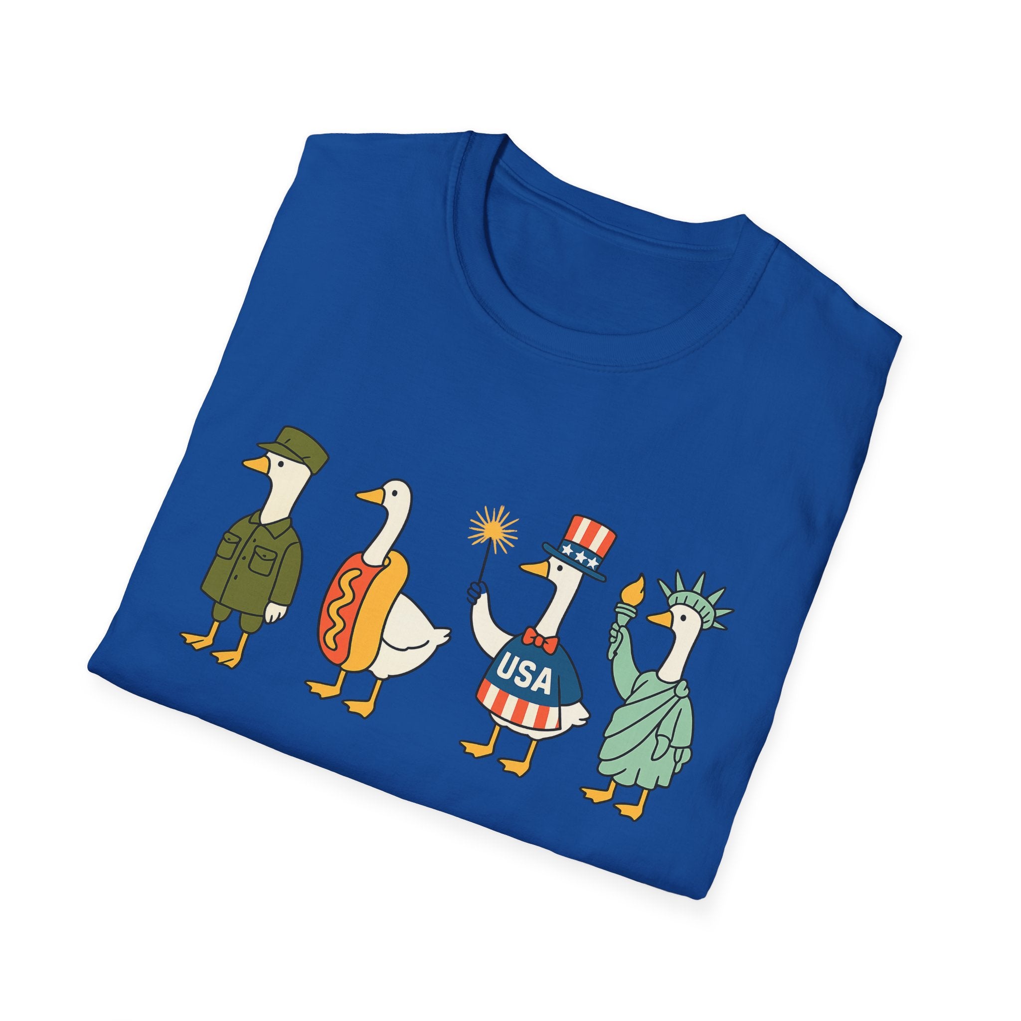 Americas 250th Patriotic Goose Parade T-Shirt — USA Hot Dog, Soldier & Statue of Liberty Graphic