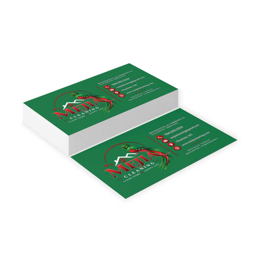Green Business Cards — Mejia Cleaning Branded Parrot Logo Card