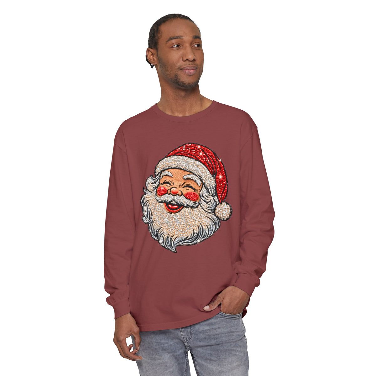 Sparkling Rhinestone Santa Christmas Long Sleeve Tee