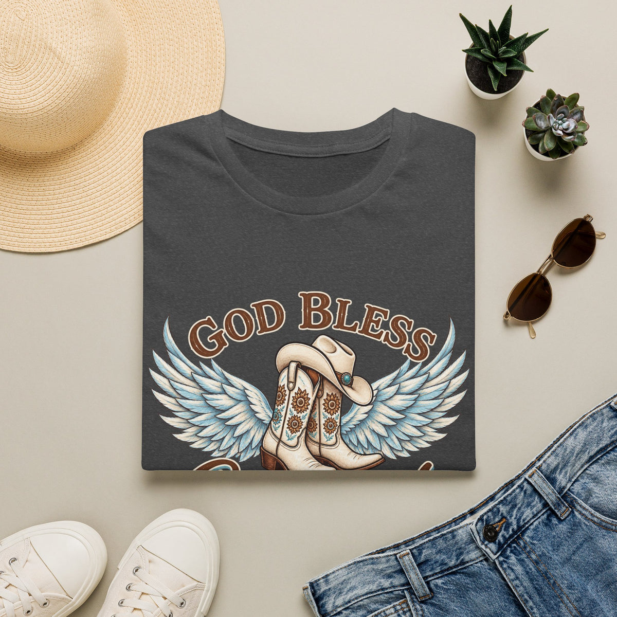 God Bless Cowgirls – Western Angel Wings Graphic Tee