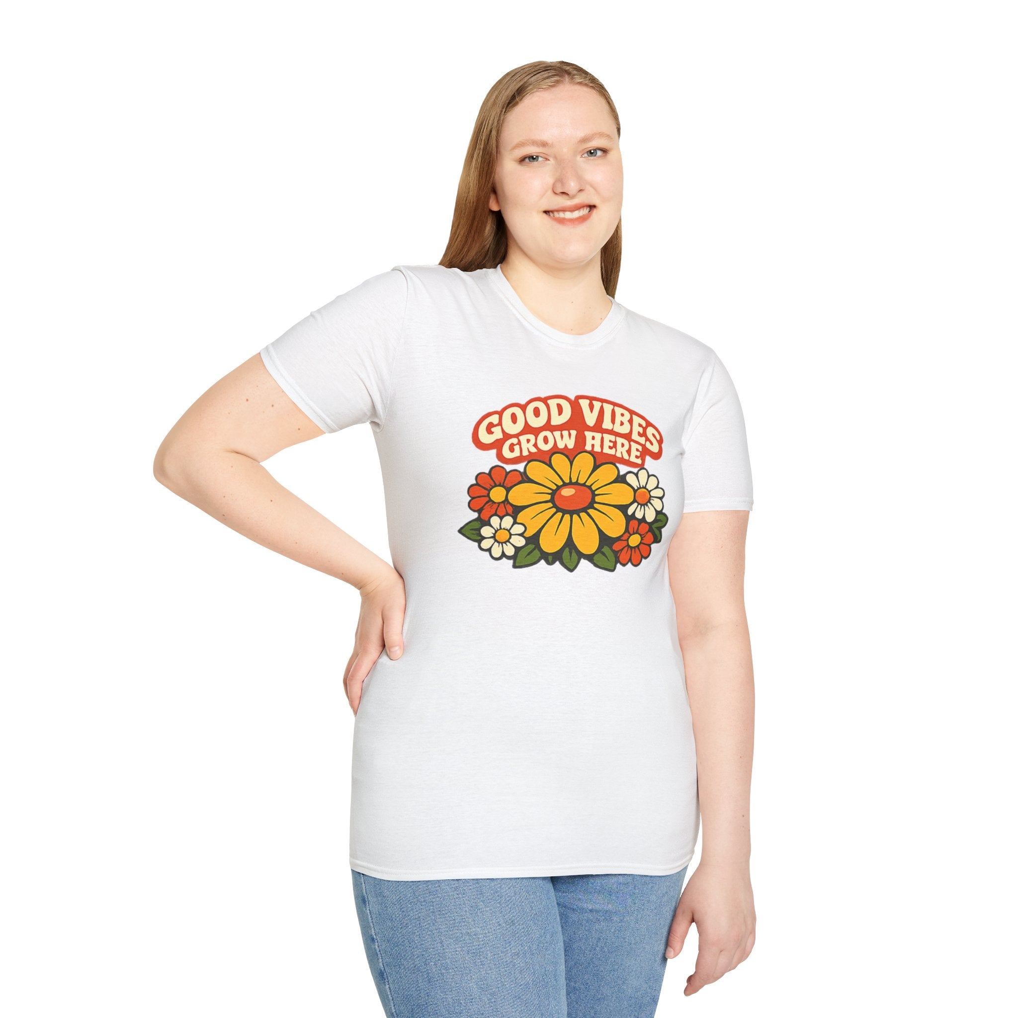 Good Vibes Grow Here Retro T-Shirt — 60s/70s Vintage Floral Tee